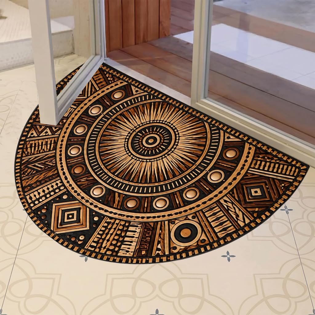 Boho Tribal Half Round Door Mat 35.4 x 23.6 Inch, Vintage Geometric Sunburst …