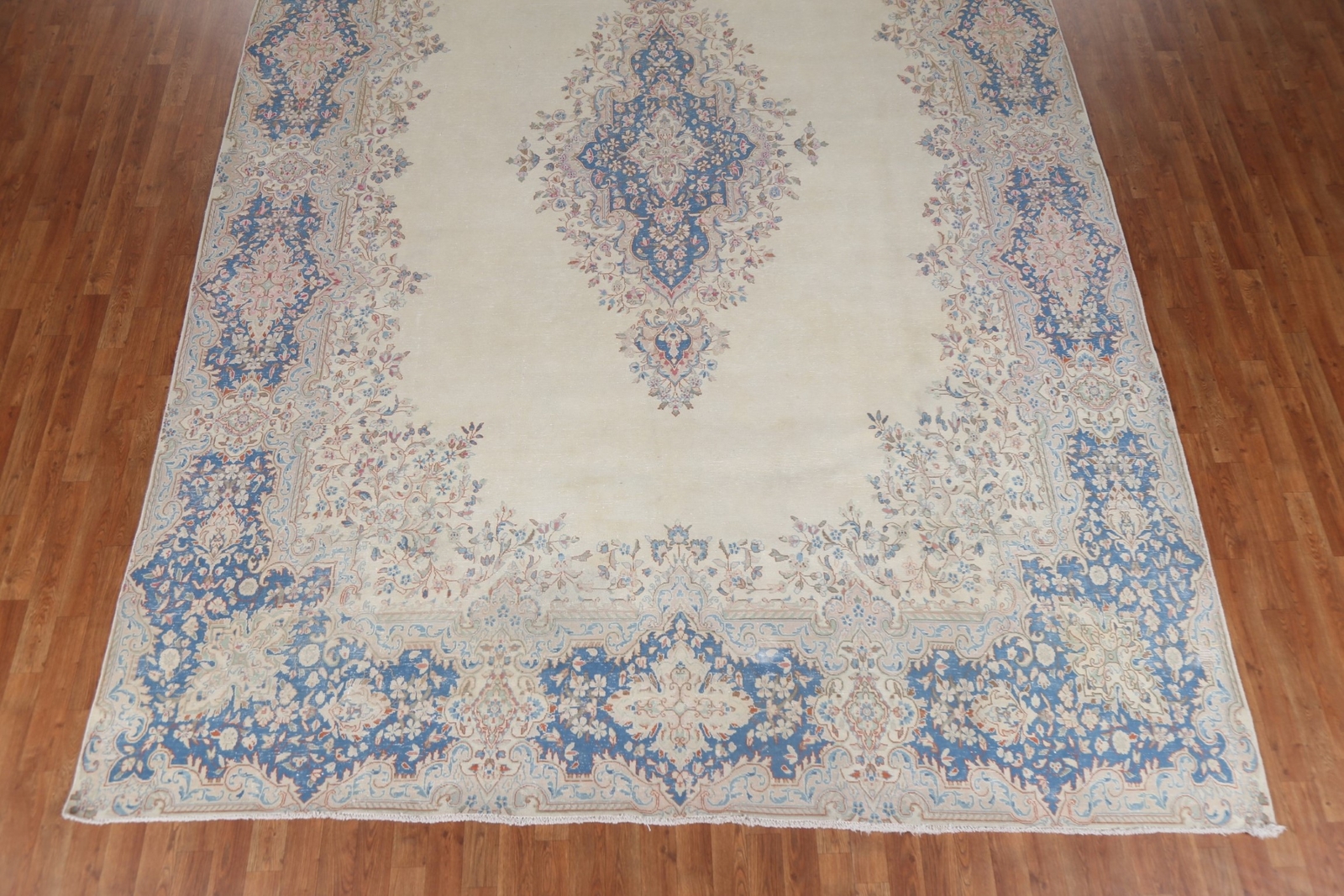 Vintage Ivory/ Blue Wool Medallion Kirman Traditional Handmade Area Rug 10×14