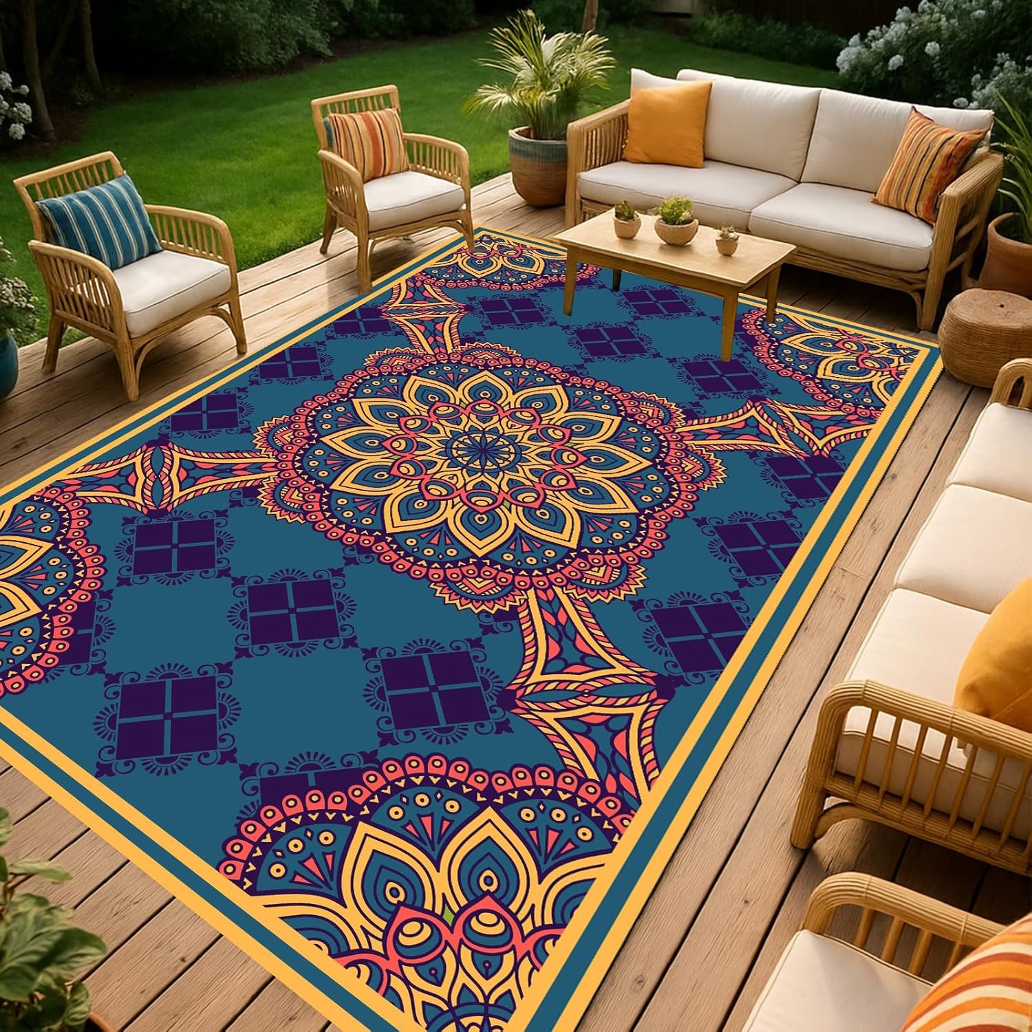 6×9 Feet Black & White Plastic Outdoor Rug Stain Resistant Waterproof Reversible