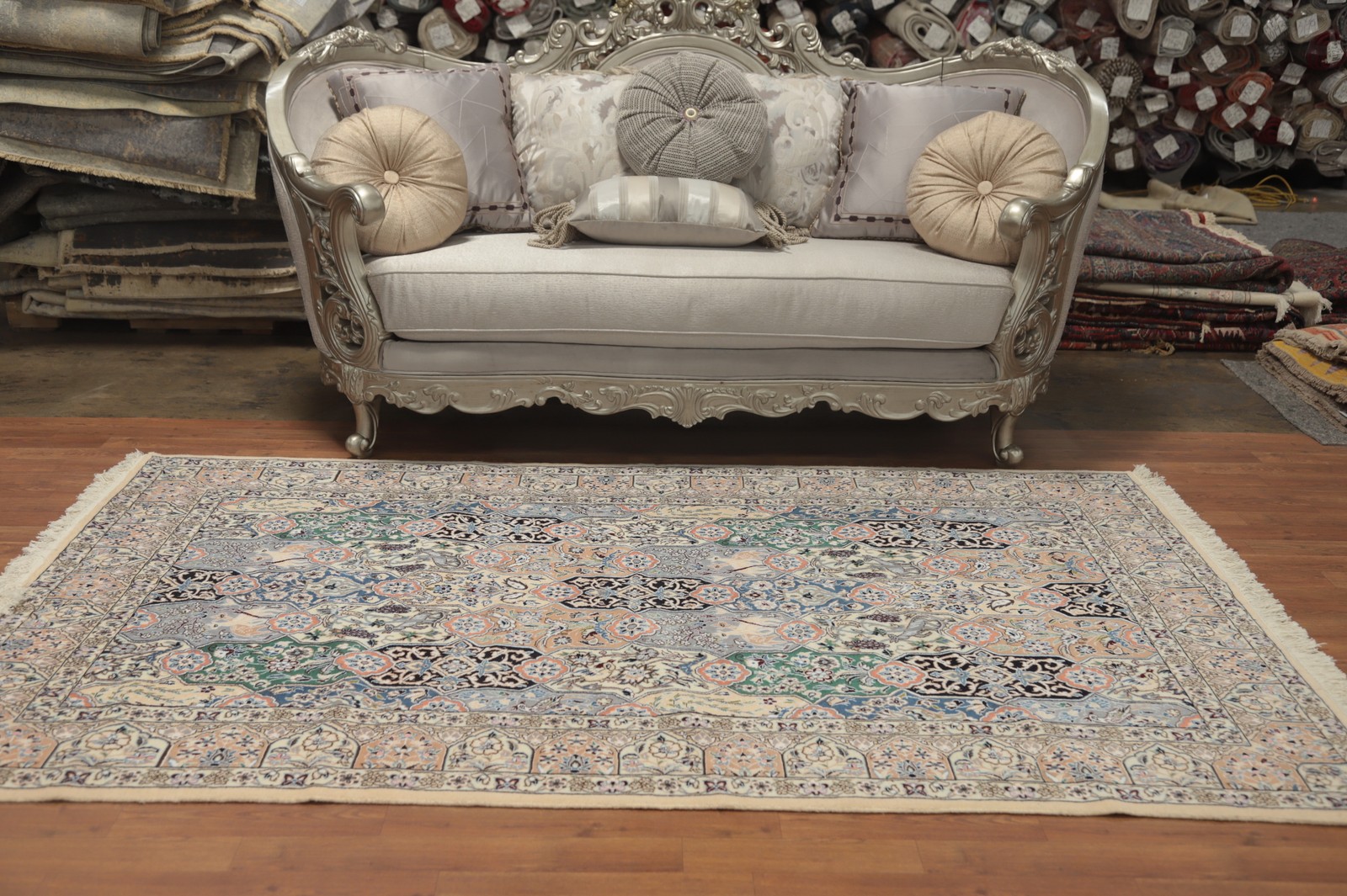 Wool & Silk Floral Animal Design Traditional Rug Hand-made Carpet 5×8