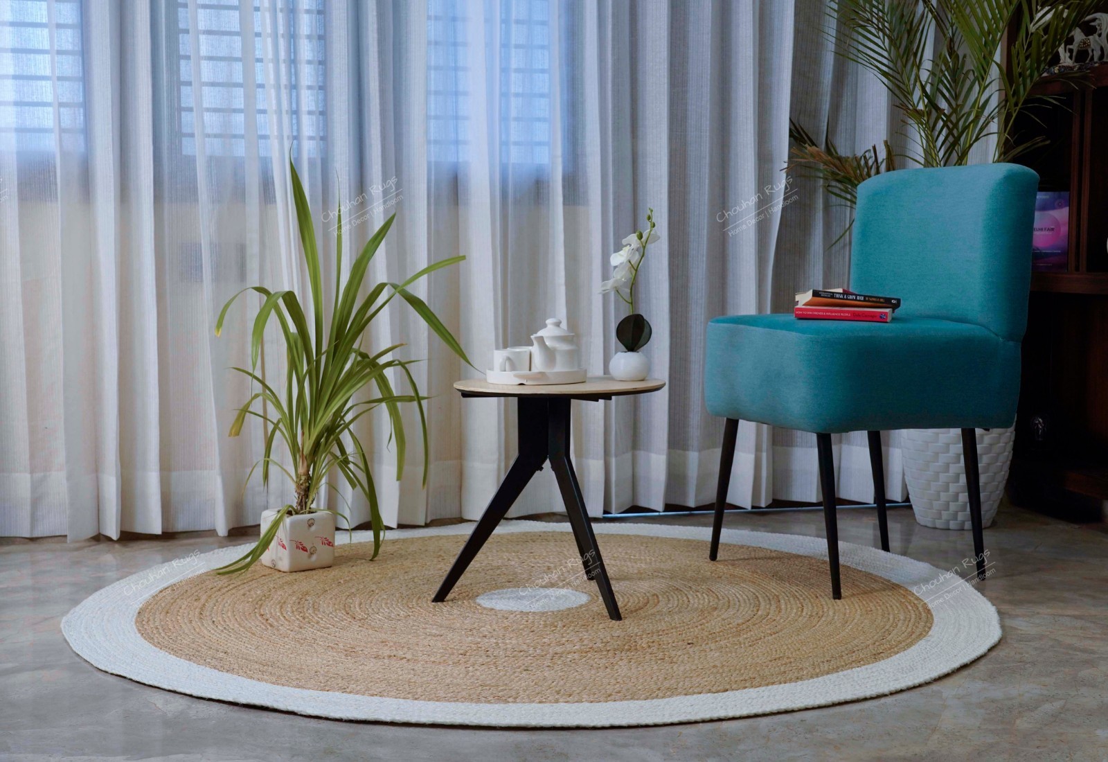 Eco Friendly Braided Circular Jute Carpet with White Border Boho decor rugs