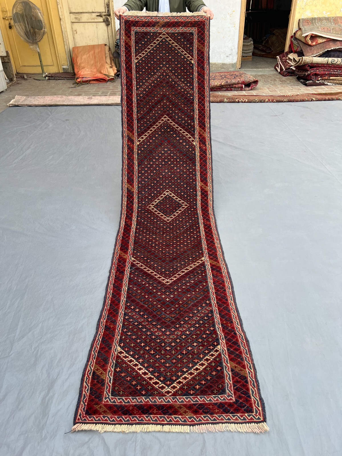 2’1 x 9’2 Ft Classic Afghan Mishwani Runner Rug – Deep Red Geometric Pattern Rug