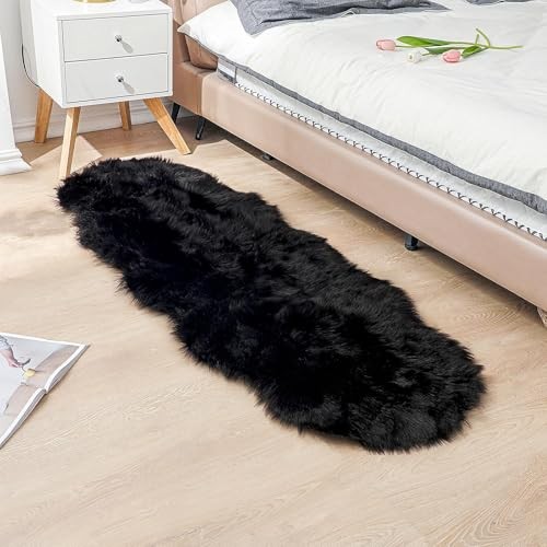 Faux Fur Rug Sheepskin Shag Fluffy Fuzzy Black 2×6 ft Runner Rugs for Bedroom