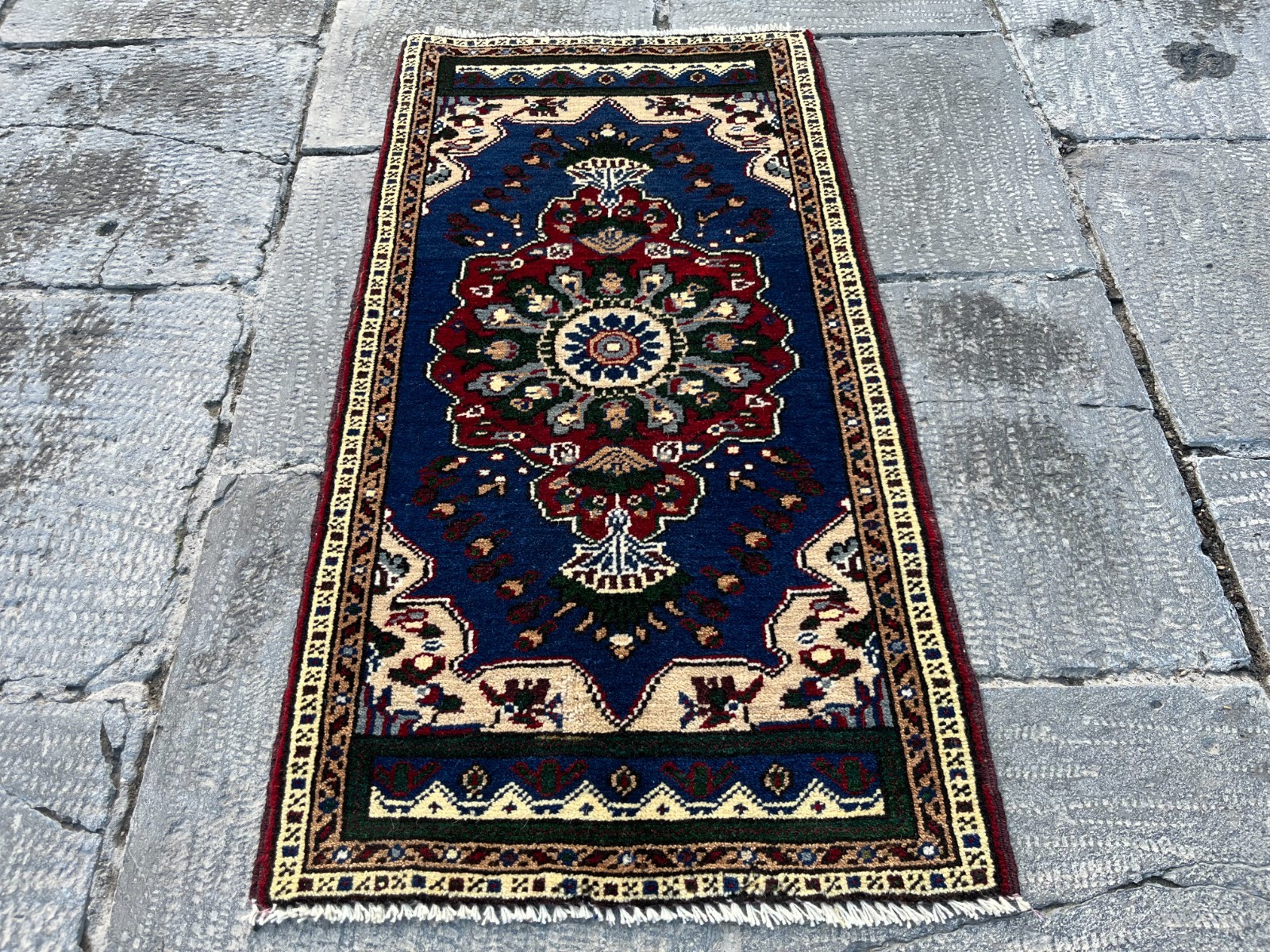 Small Vintage Turkish Rug 1.7×3.2 ft Navy Blue Red Wool Boho Mat 20×38 in