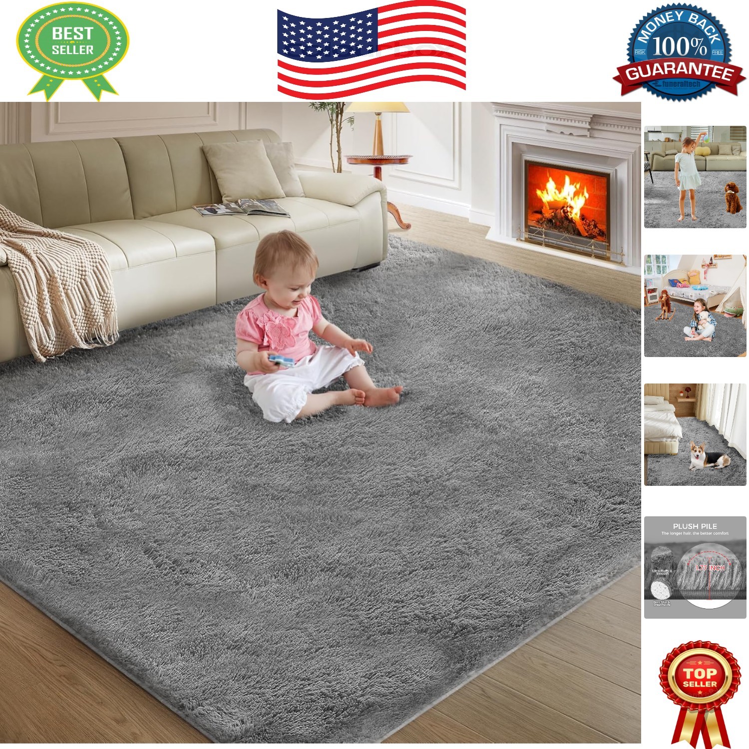 5′ x 8′ Fluffy Shag Rug for Bedroom and Living Room – Stylish Grey Decor