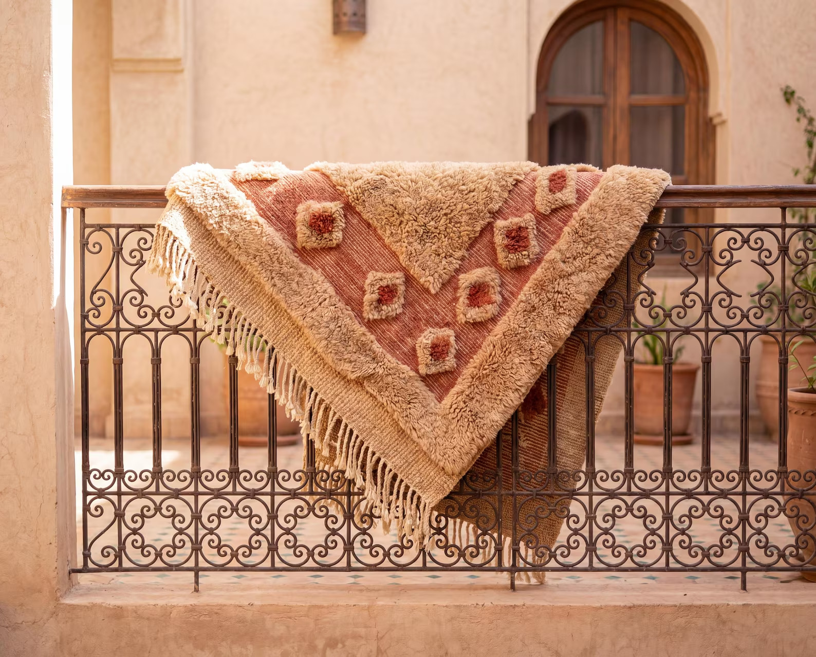 Handmade Moroccan Berber Rug | Plush Beige Wool Area Rug with Tribal Red Border