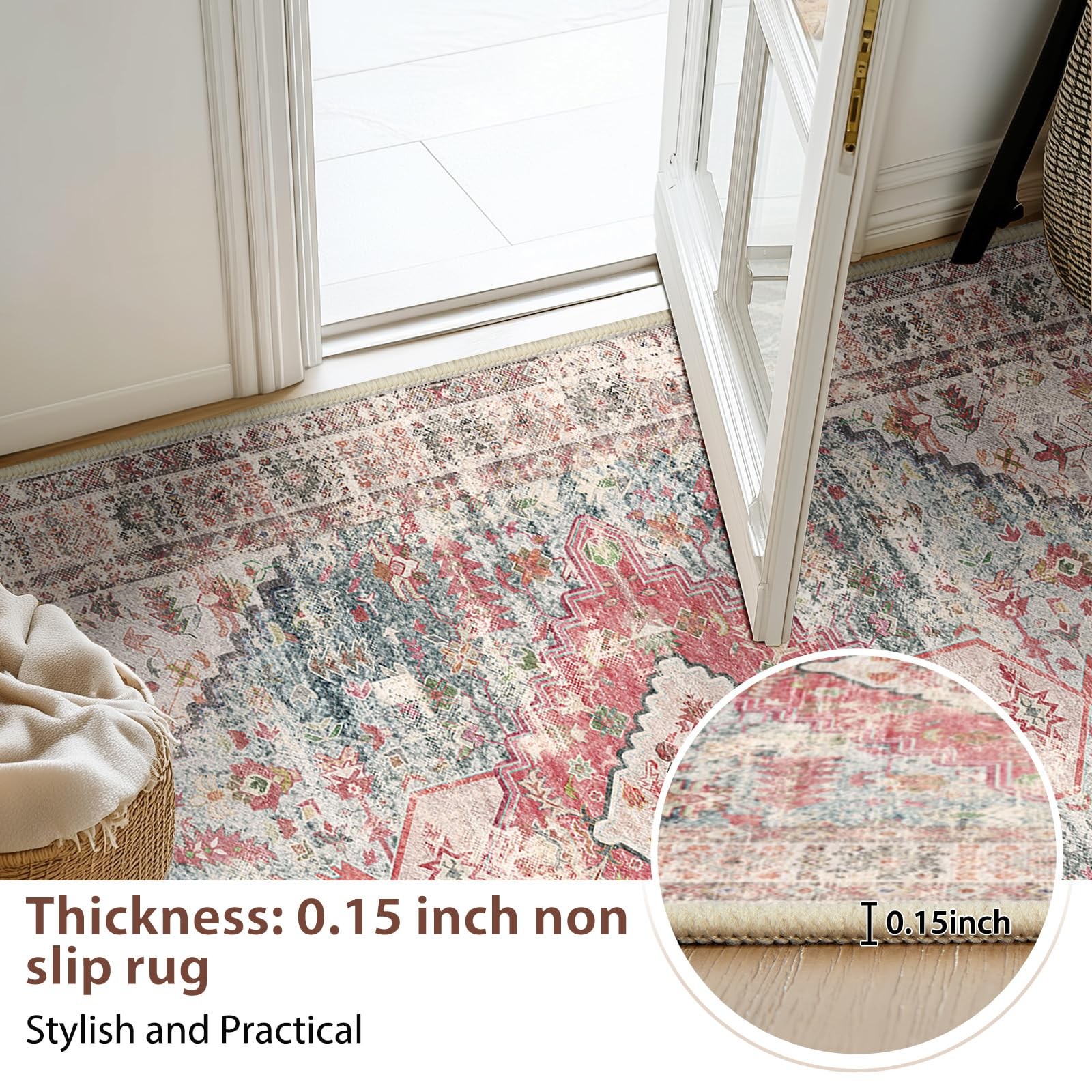 BESTSWEETIE 2×3 ft Area Rug Pink Vintage Boho Distressed Non-Slip