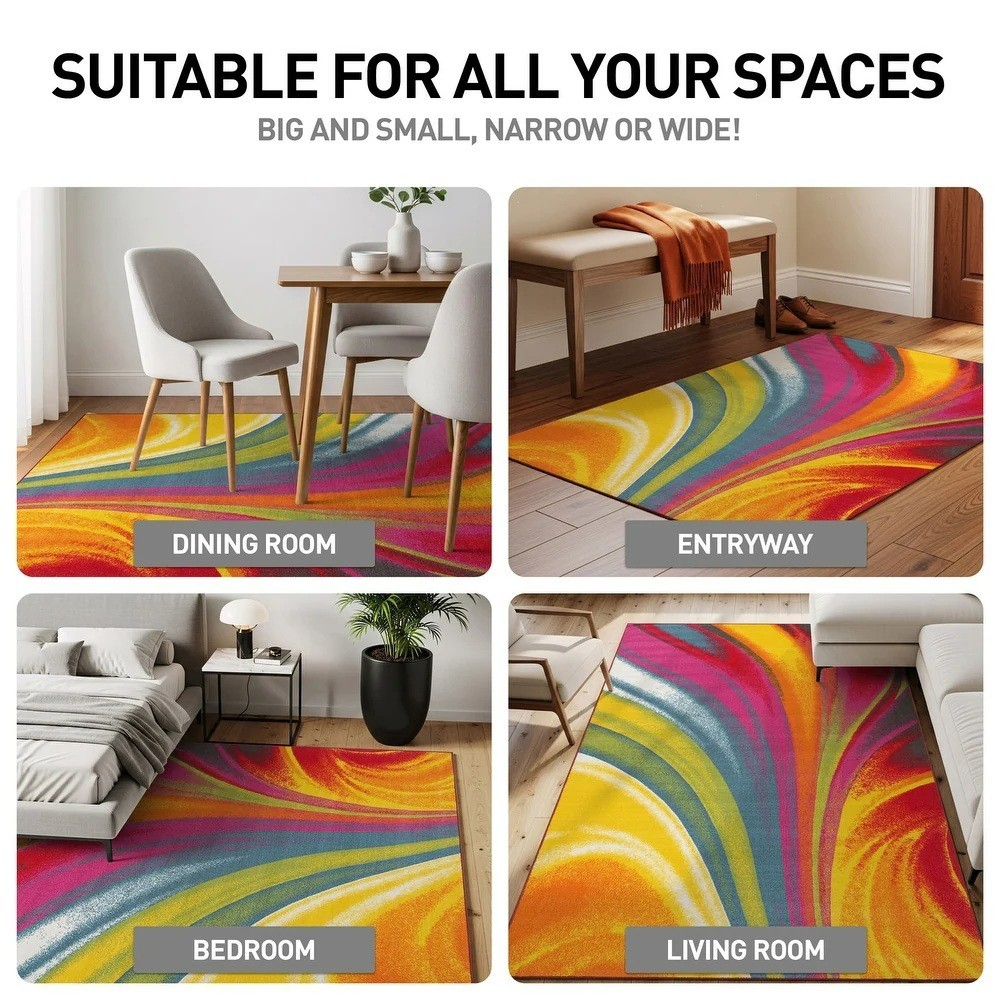 Bold Vibrant Abstract Area Rug Modern Colorful Swirl Home Decor Carpet Rainbow