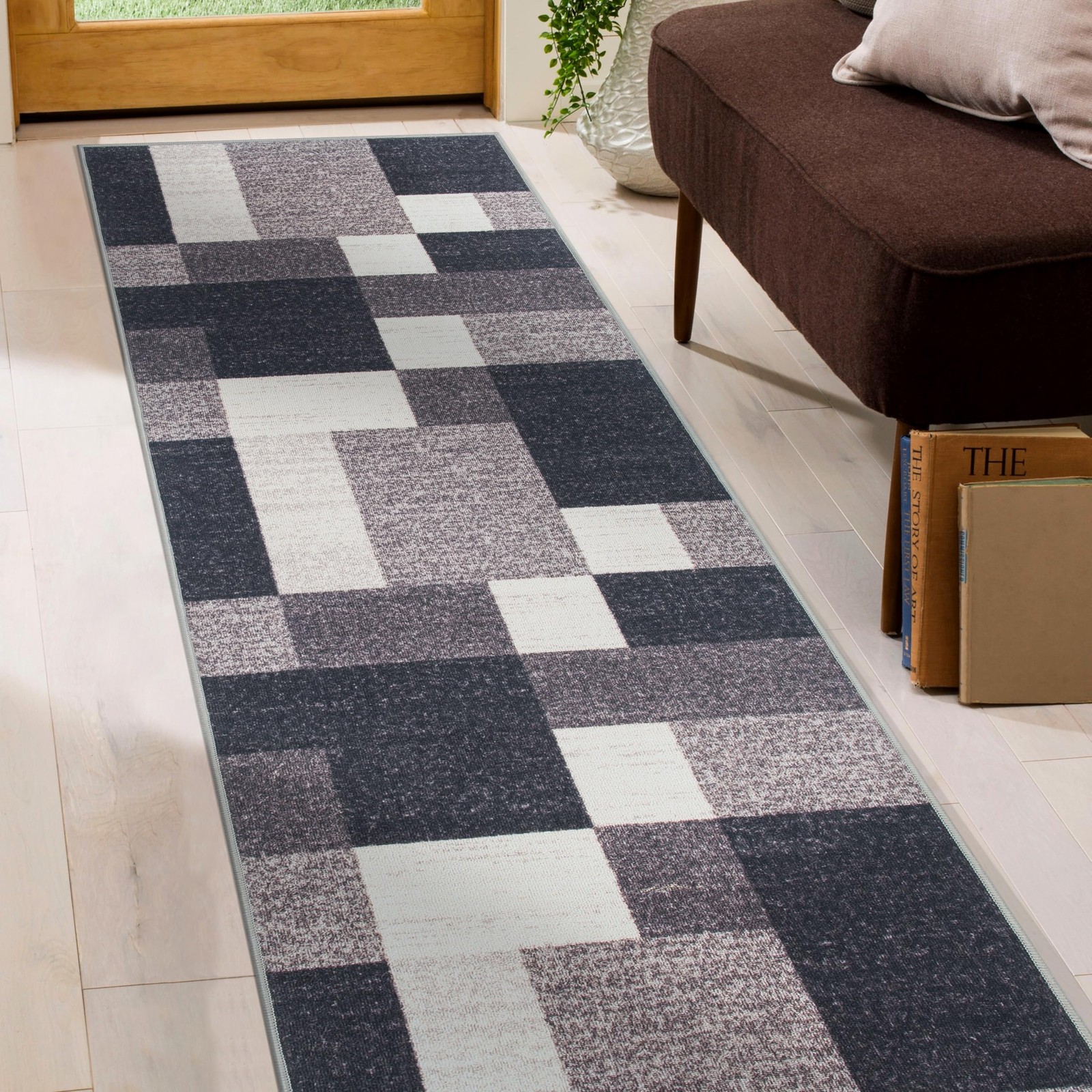 Modern Boxes Design Non Slip Anti Skid Area Rug Runner 2×7 ft 22×84 Inch Gray