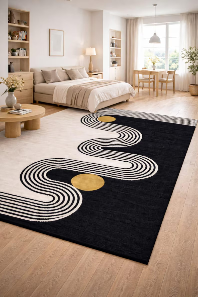 Black Beige Abstract S Curve Rug, Art Deco Hand Tufted New Zealand Wool Carpet