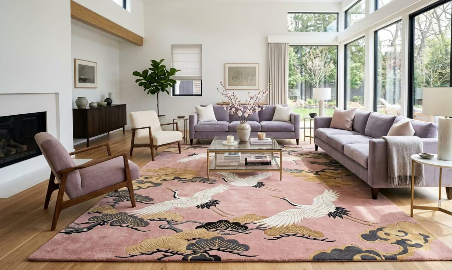 Hand-Tufted Wool Crane Rug – Pink Gold Chinoiserie Oriental Bird Floor Decor Rug