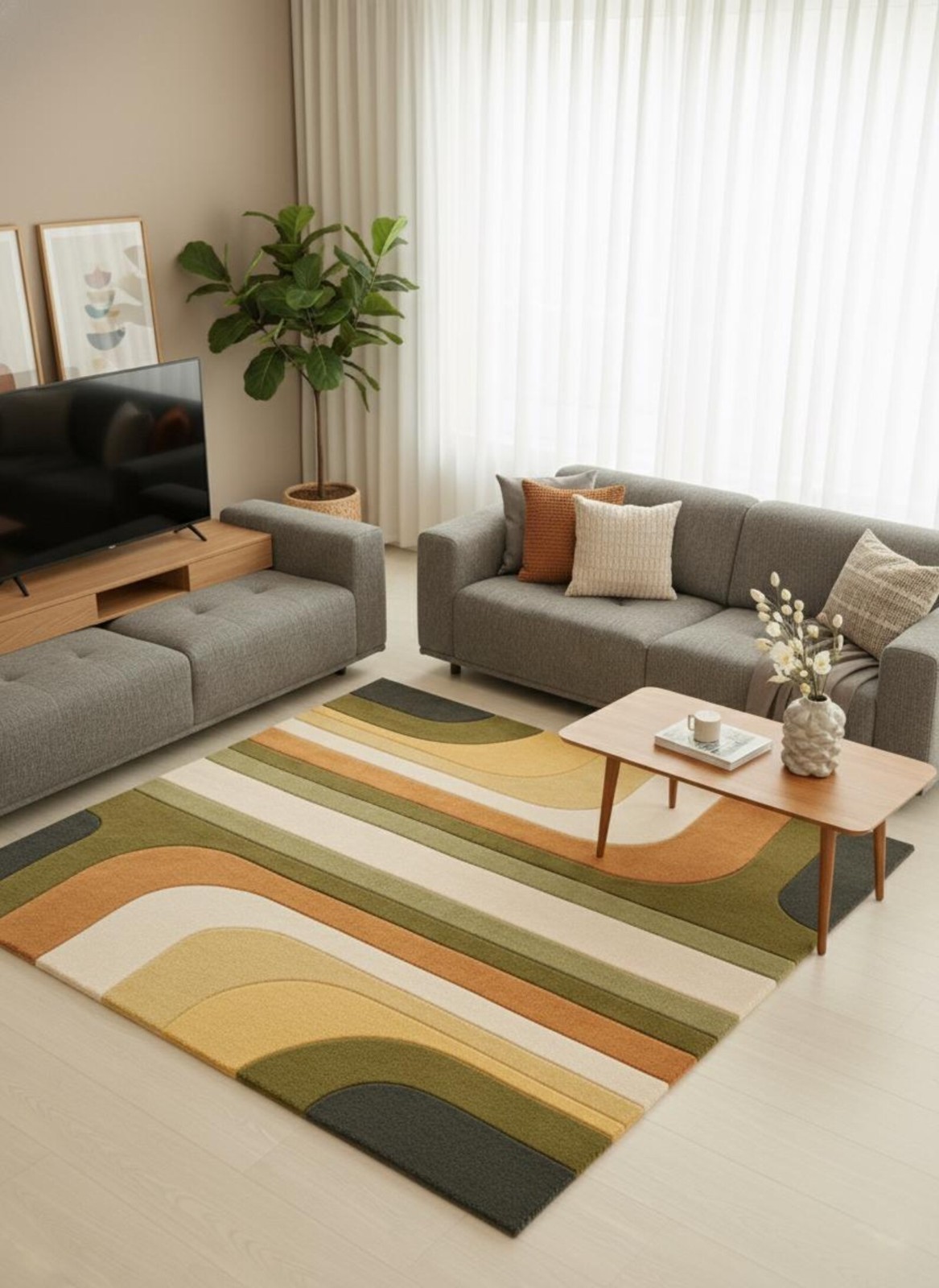 Hand Tufted Retro Geometric Wool Rug Modern Rugs in Mustard & Rust Area Rug.