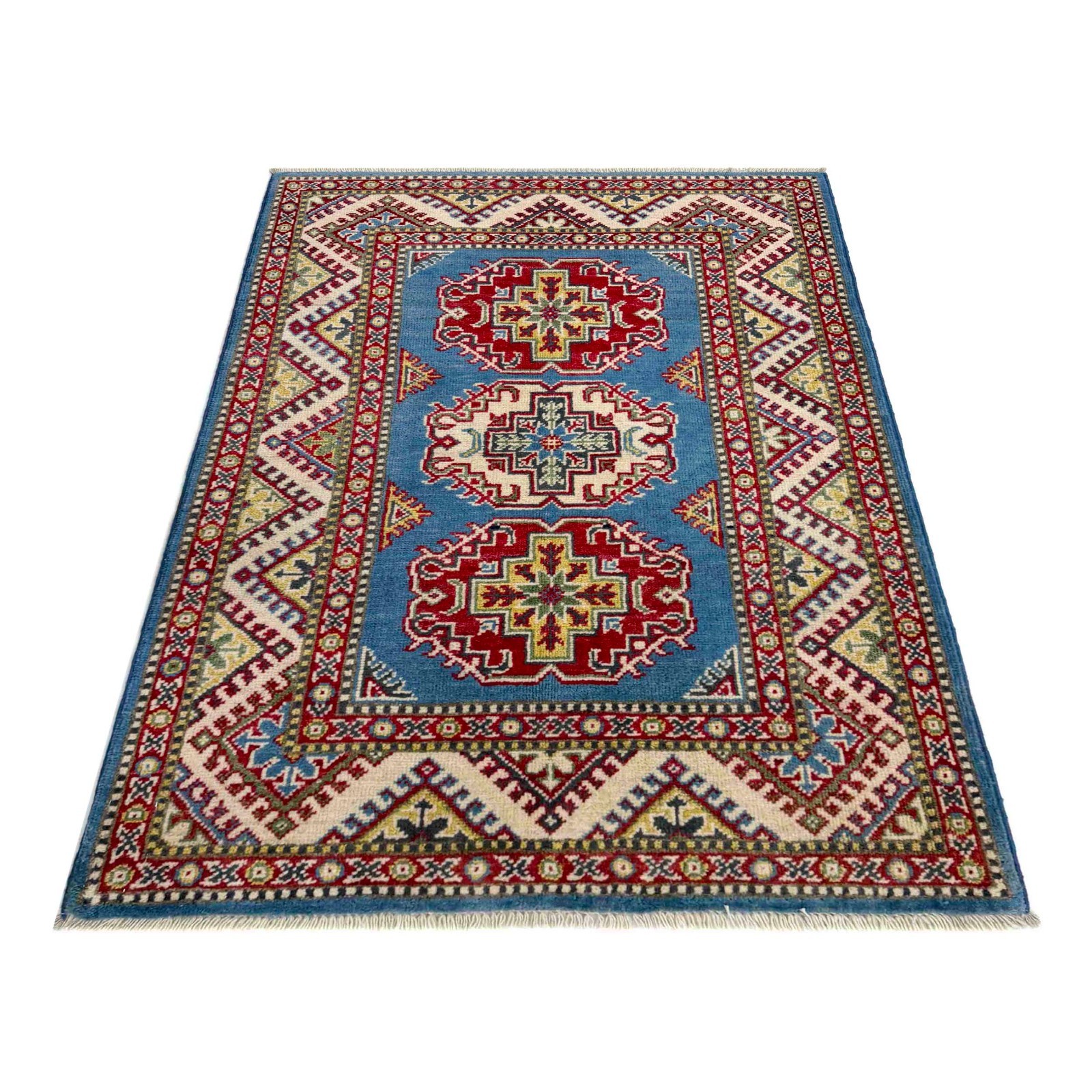 Blue Hand Knotted Tribal Kazak Oriental Rug, 2.8×4.1 Ft Medallion Carpet, R37493