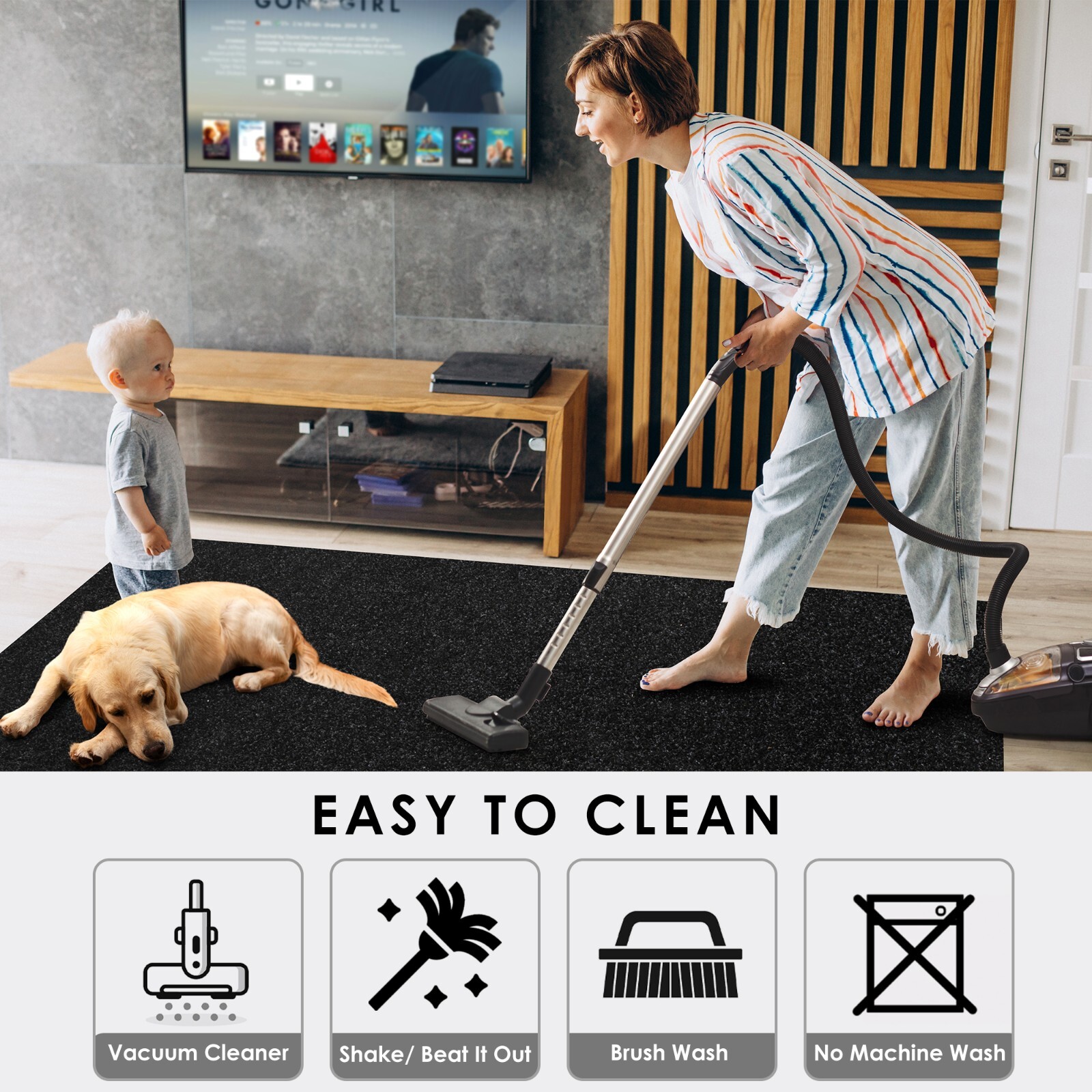 Area Rugs for Living Room or Bedroom, Black Carpet Runner Rug Indoor Mat