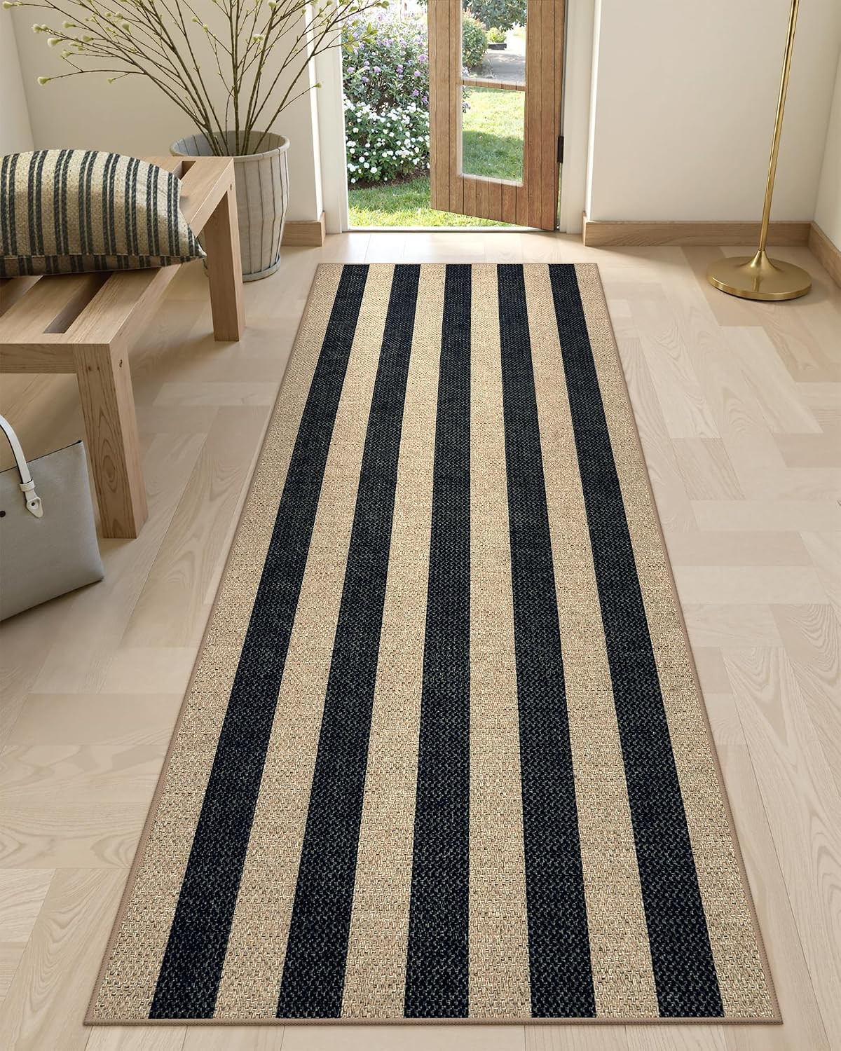 Striped Easy Jute Outdoor Patio Rug, 3X5 Washable Rugs for Entryway Porch, Farmh