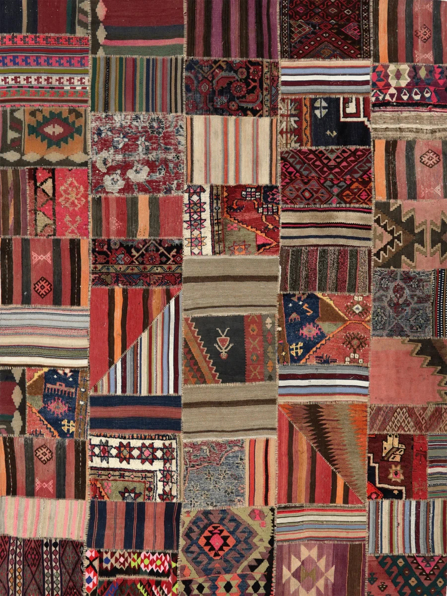8×10 Hand-Knotted Patchwork Kilim Wool Rug – Geometric Design – Free US Shipping