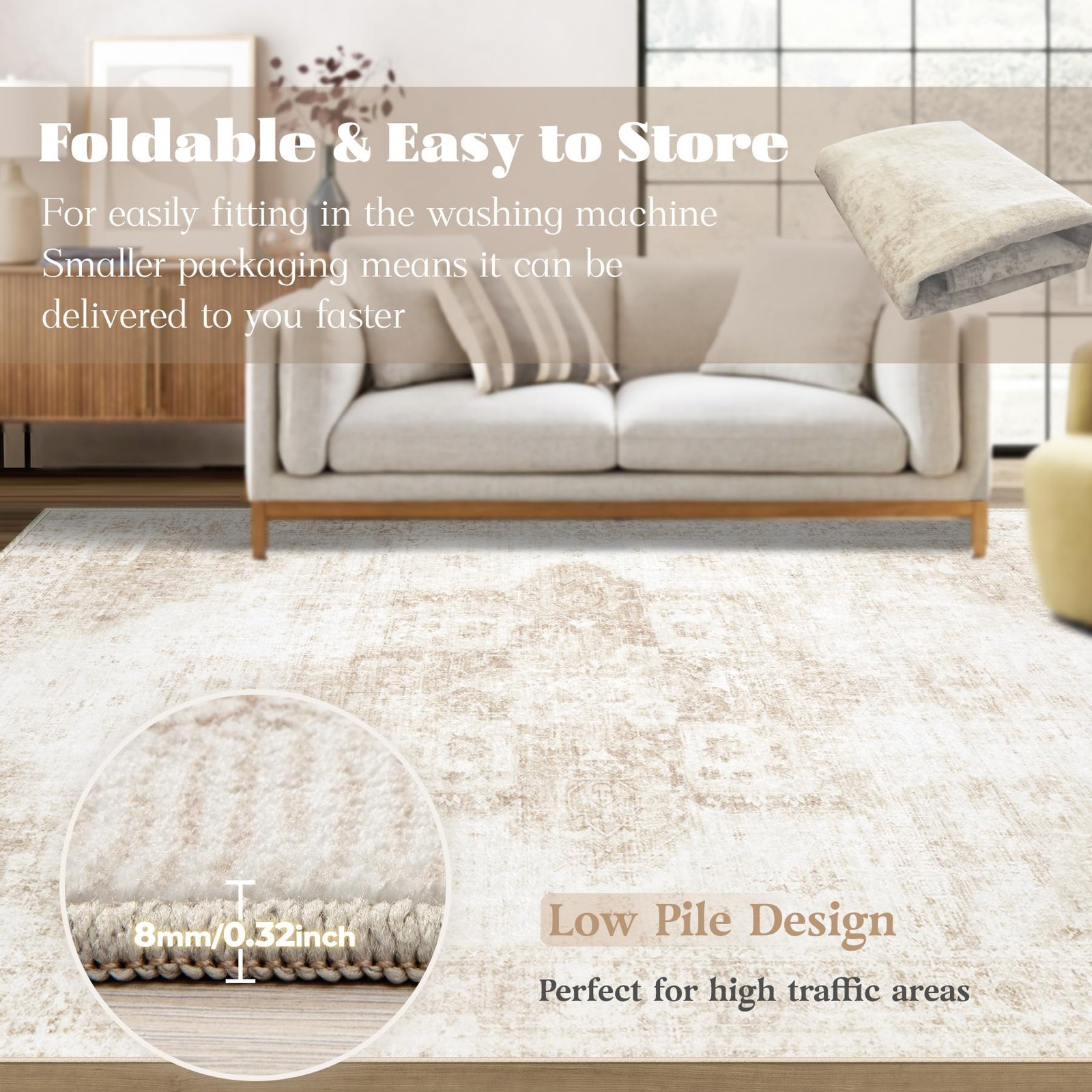 VECARF Area Rug 8×10 Washable Rug Vintage Boho Medallion Rugs Non Slip Soft Low