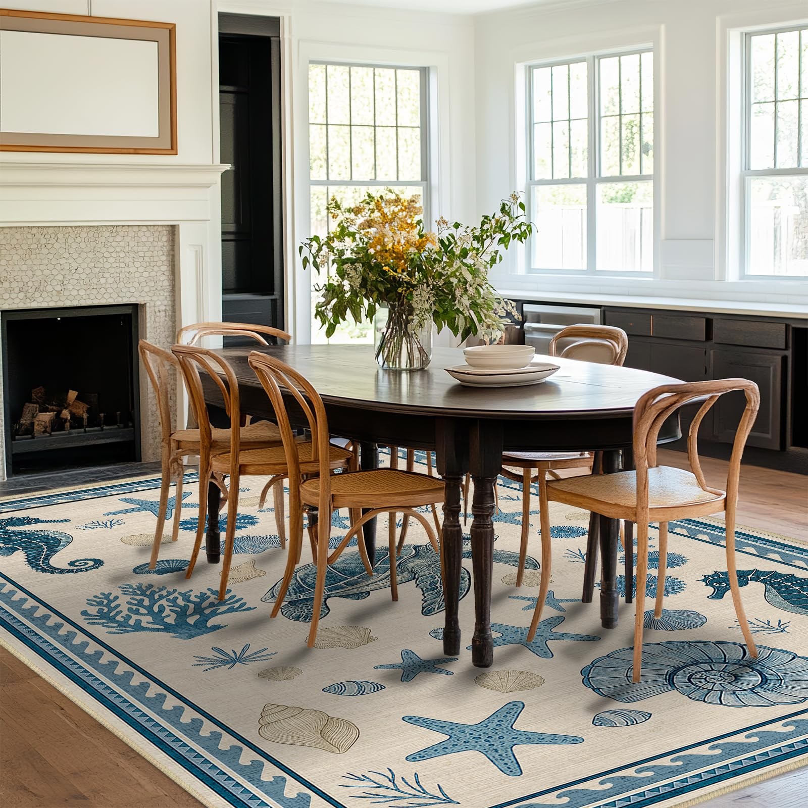 9×12 Area Rug for Living Room Coastal Nautical Rug Machine Washable Sea Turtl…