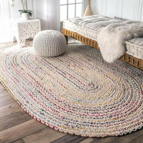 Rug 100% Natural Cotton Braided Oval Rug Reversible Modern Living Area Rugs