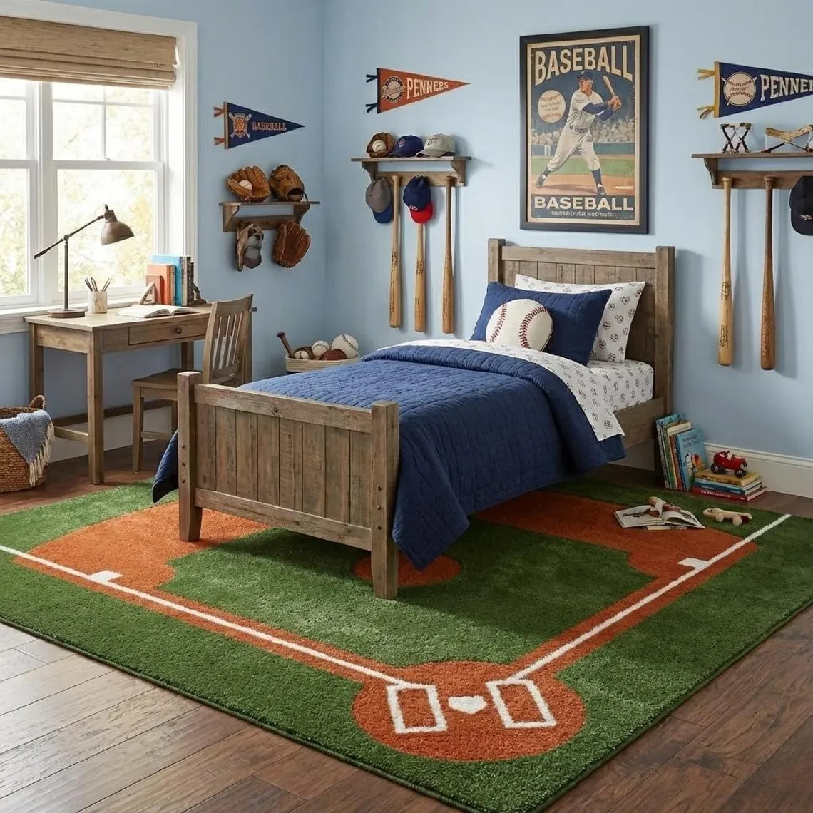 Baseball Diamond Field Hand Tufted Rug Sports Theme Kids Room Play Area Carpet