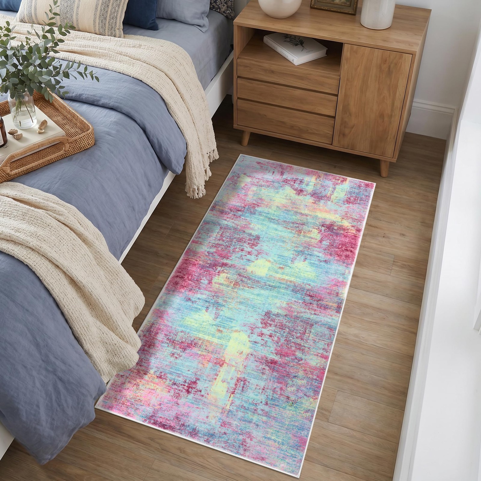 Abstract Runner Rug 2×4 Ft Pink Teal Washable Non-Slip Rubber Backed – Indoor