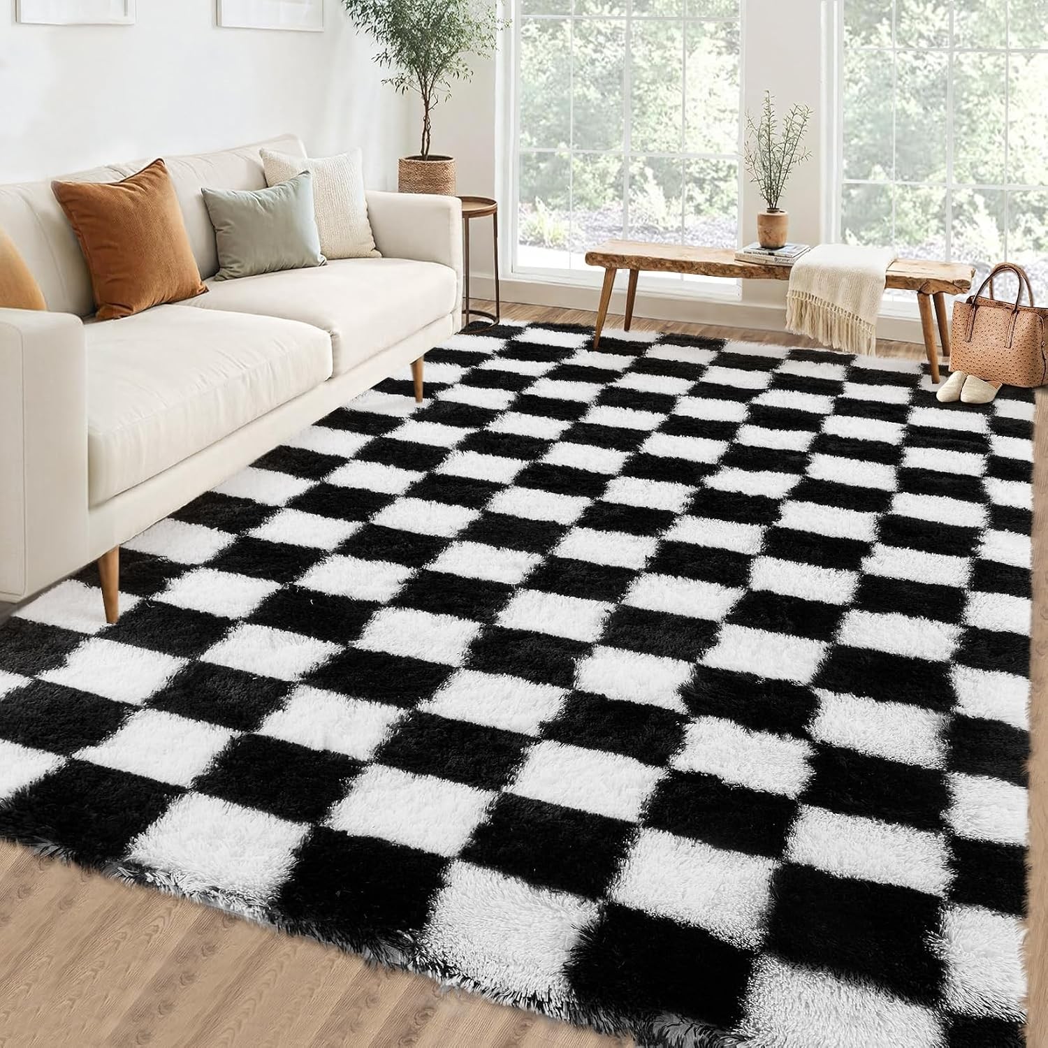 Modern Checkered Plush Shag 8×10 Washable Area Rug Non Slip Living Bedroom Home