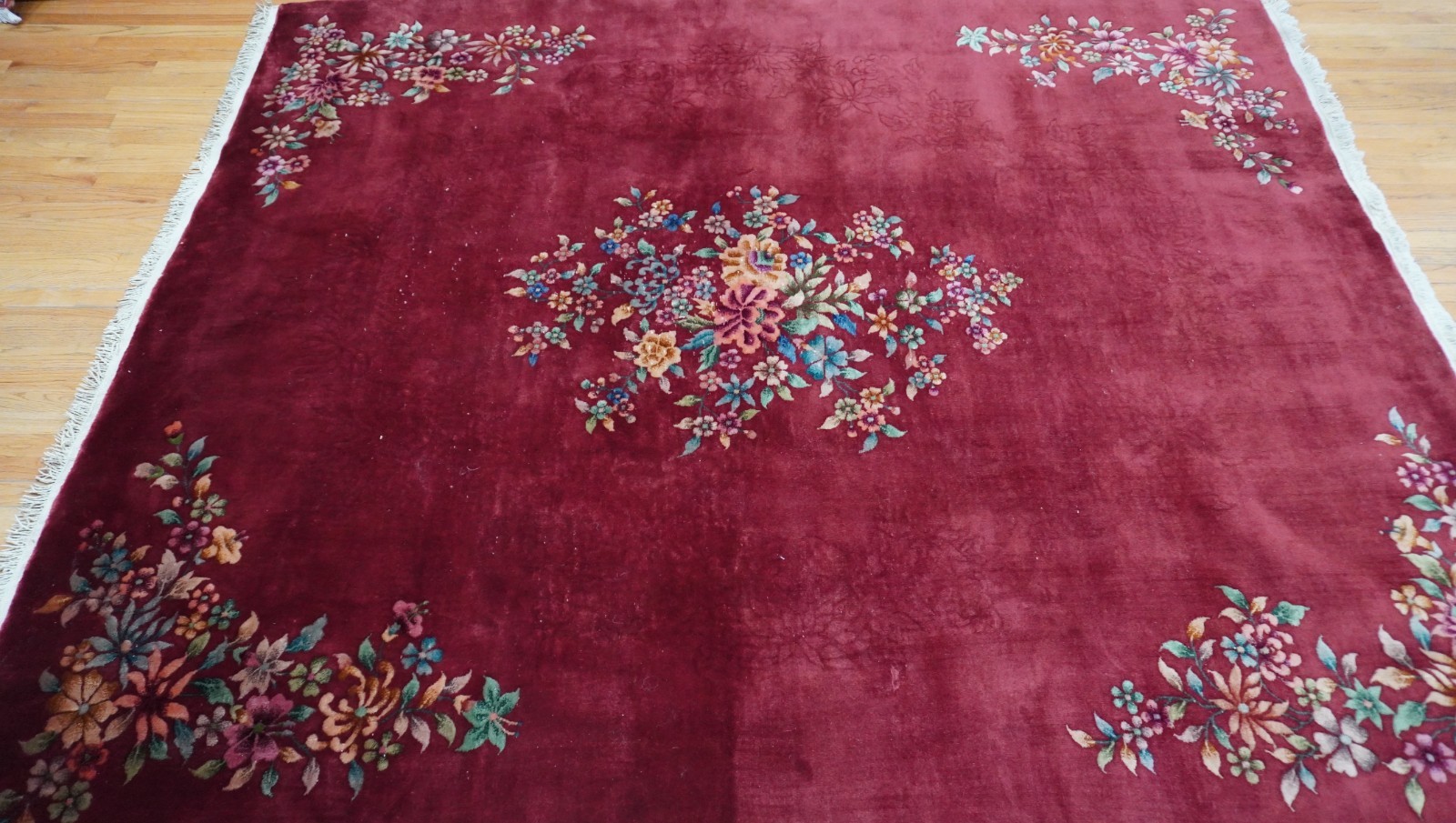 8′ x 9’6″ Antique Art Deco Chinese Hand Knotted Wool Red Floral Oriental Rug
