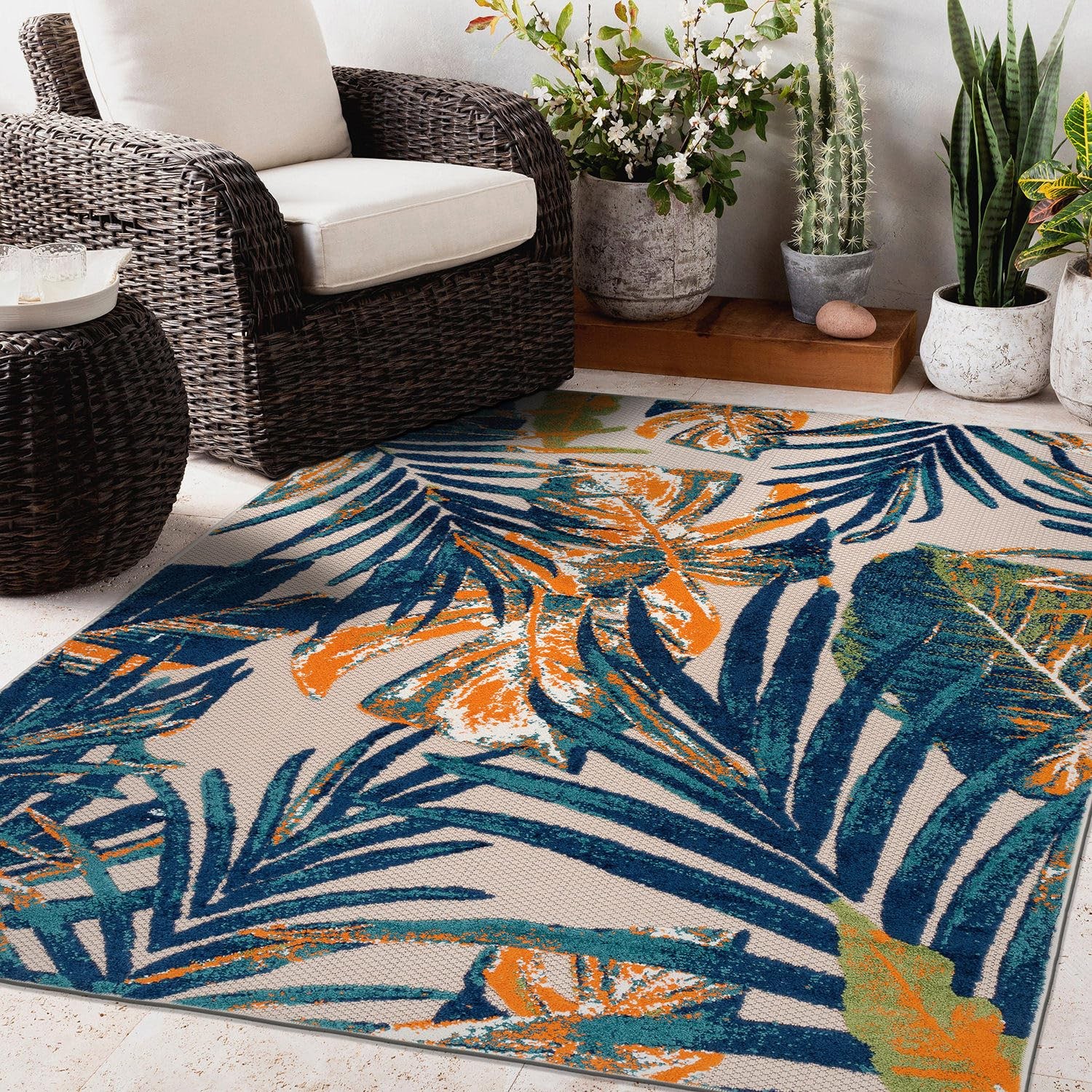 Tropical Floral Leaves Indoor/Outdoor 4′ X 6′ Multi