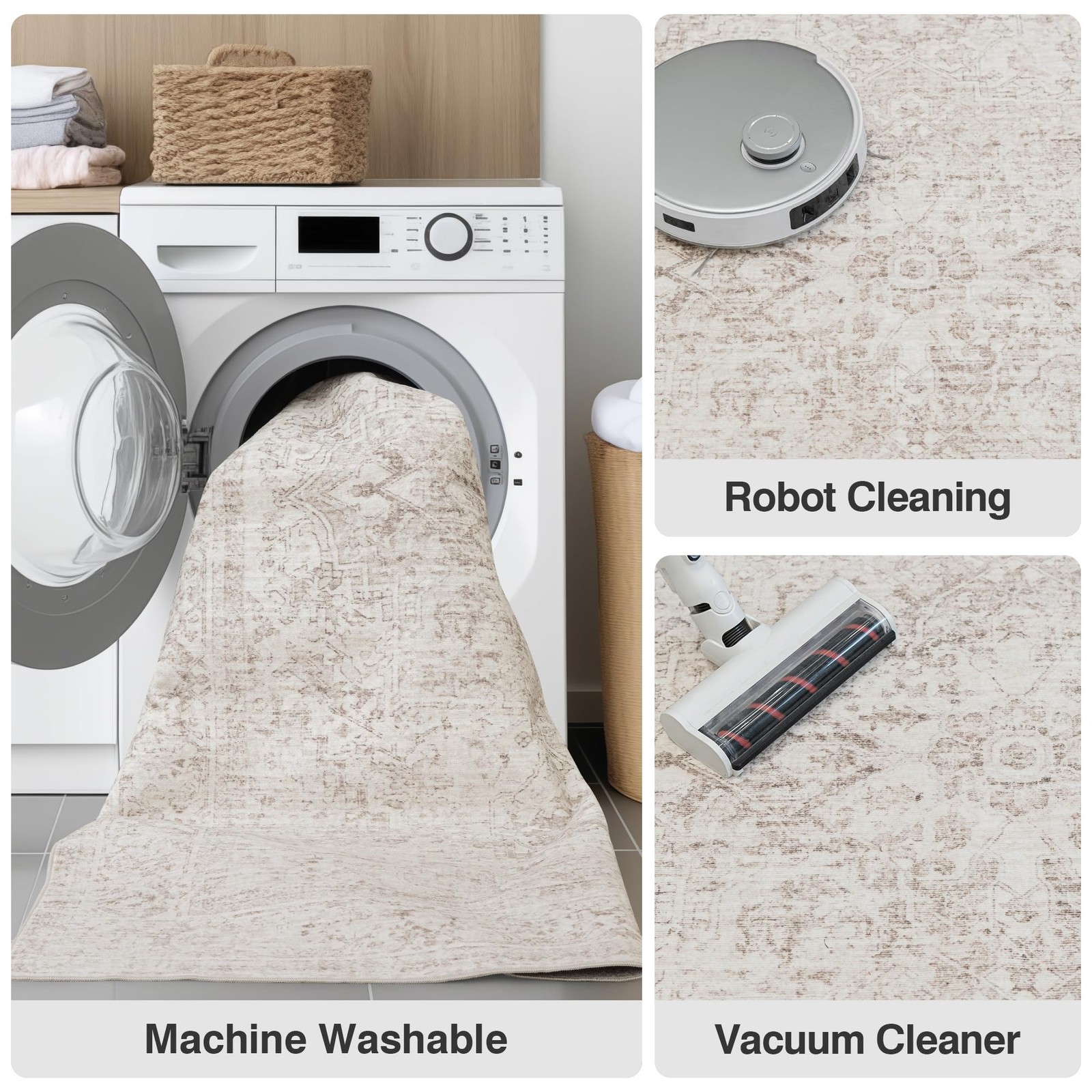 Round Washable Area Rug 3ft Beige Vintage Neutral Non-Slip – Soft Indoor Carpet