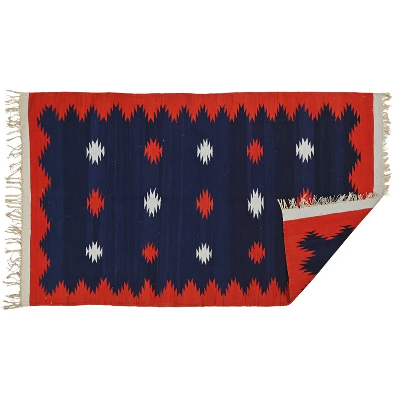 Punjabi Dhurrie Rug 3.6×6.3 Navy Red Cotton Kilim Handmade Reversible Area Rug