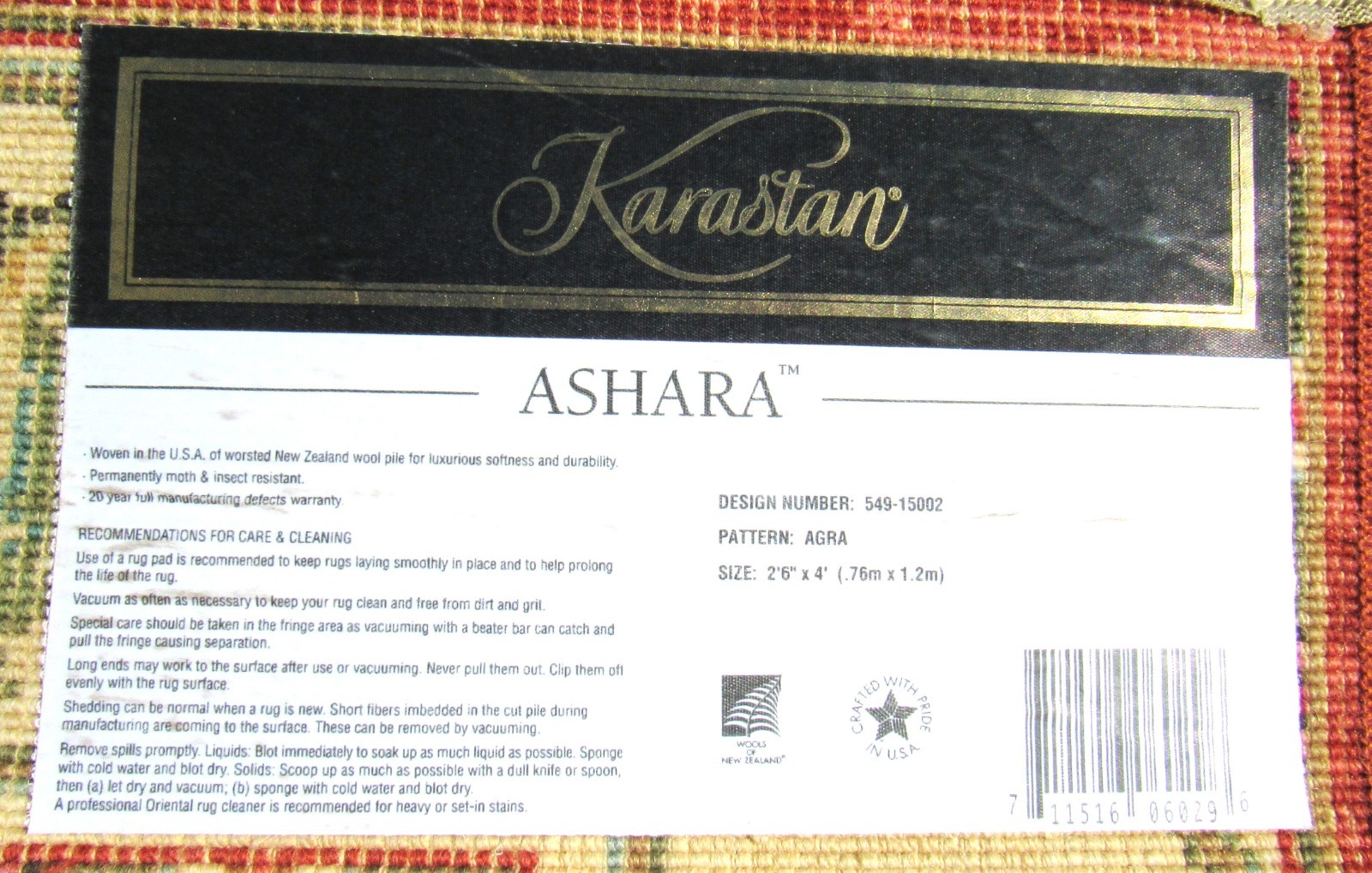 Beautiful Vintage Karastan Runner Style Ashara Agra Red Size 2’6”x 4’ USA Made
