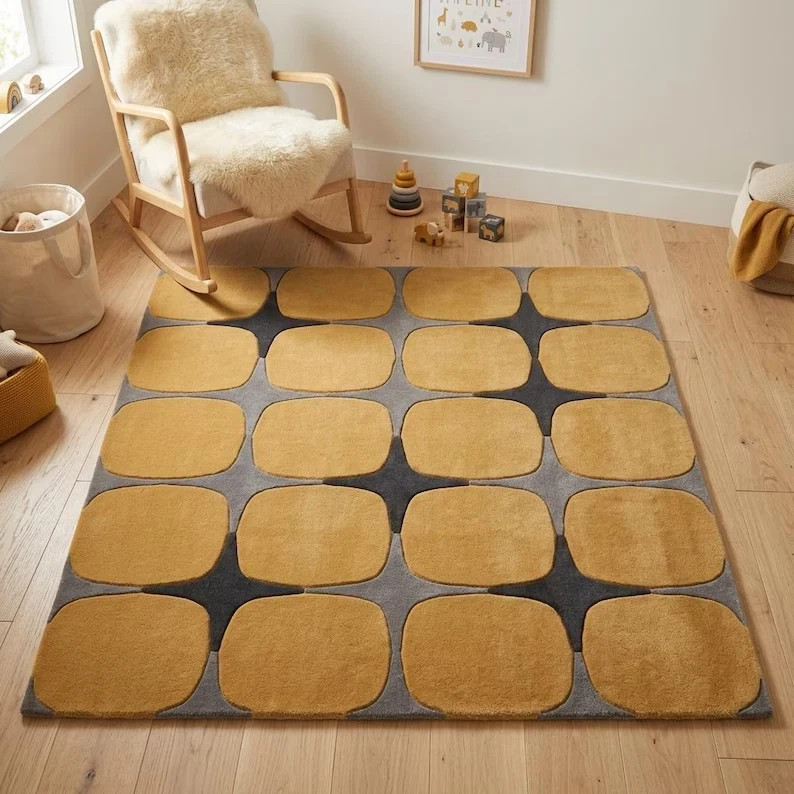 Modern Hand Tufted Wool Rug Mustard Yellow Gray Geometric Area Carpet Handmade