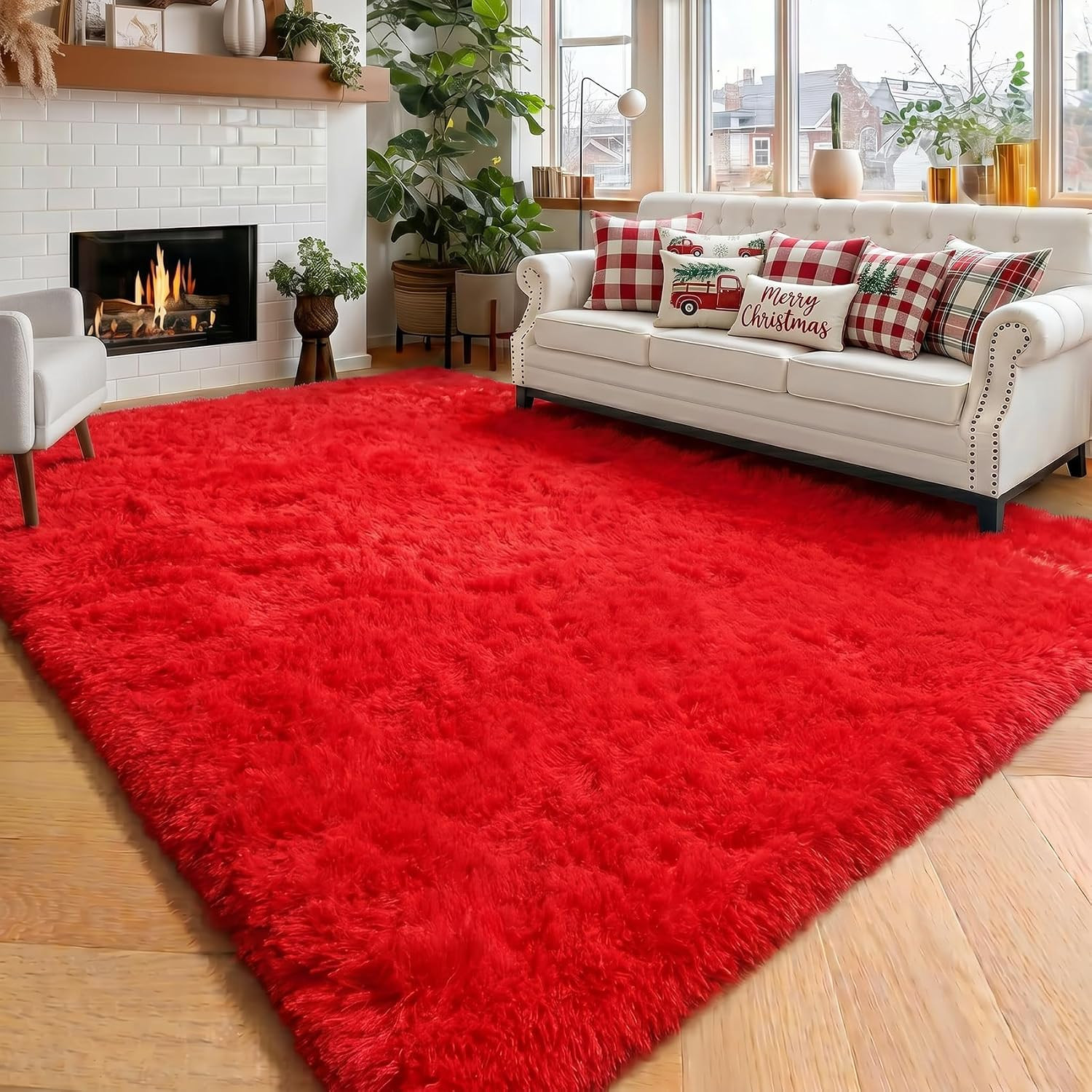 Red Area Rugs for Living Room Bedroom Decor, Red Carpet, Christmas Rug 5X8, Fluf