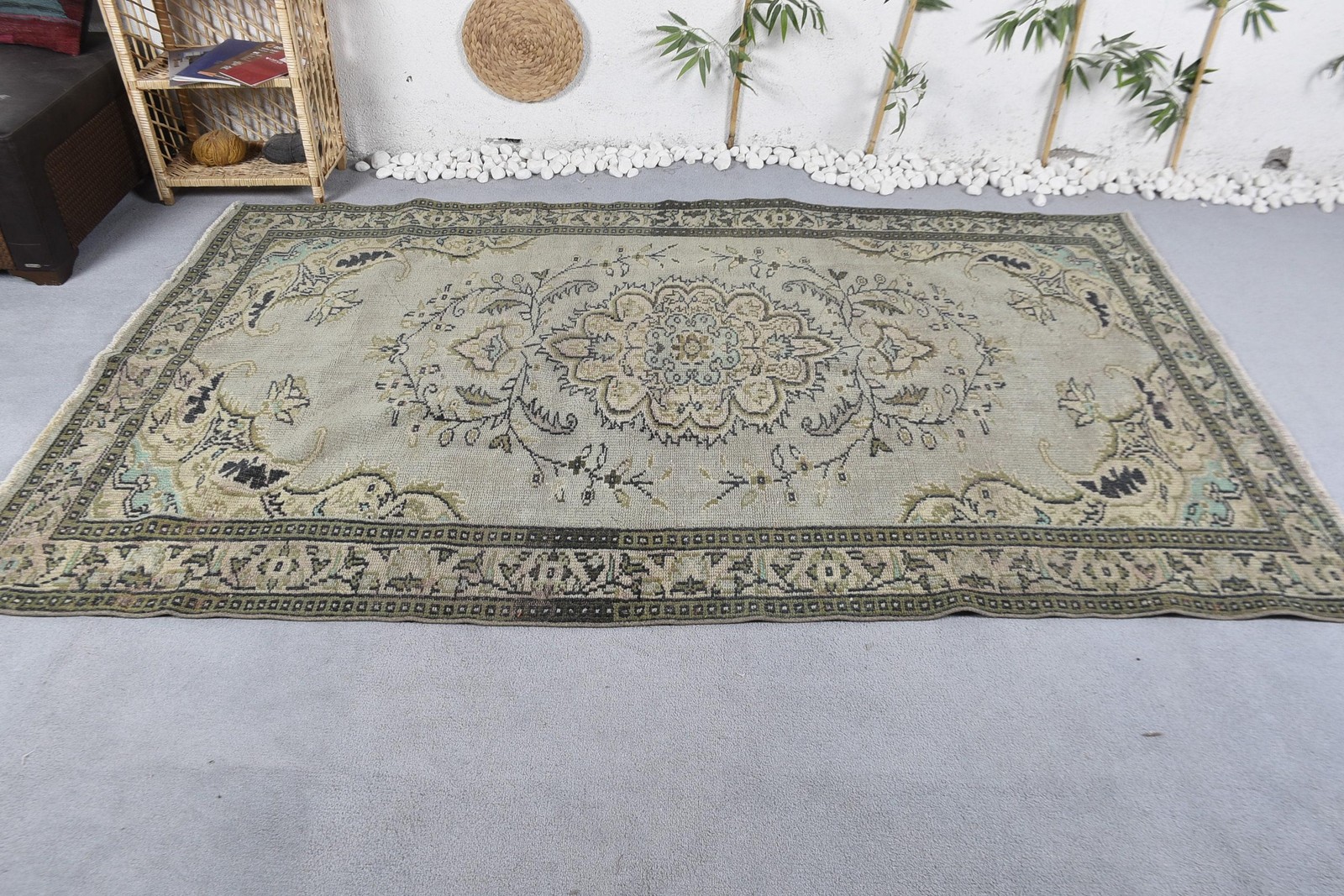 5,4×8,7 ft Turkish Rug, Vintage Large Rug, Beige Blue Solid Wool Rug