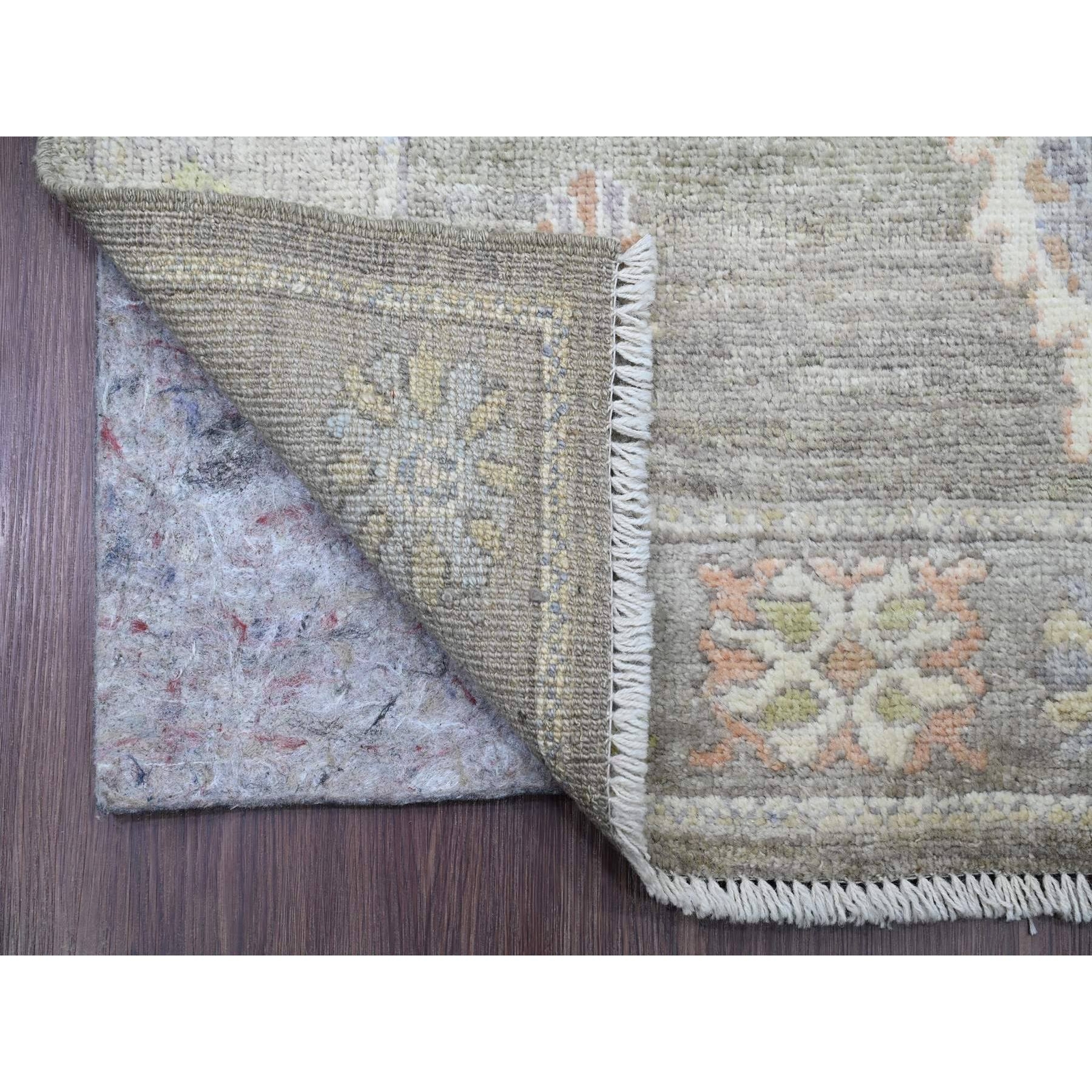 3’x19’10” Green Hand Knotted Angora Oushak Leaf Design Wool Runner Rug R20931
