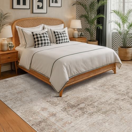 Beige & Brown 5×8 Area Rugs for Bedroom – Abstract Distressed Farmhouse Rug