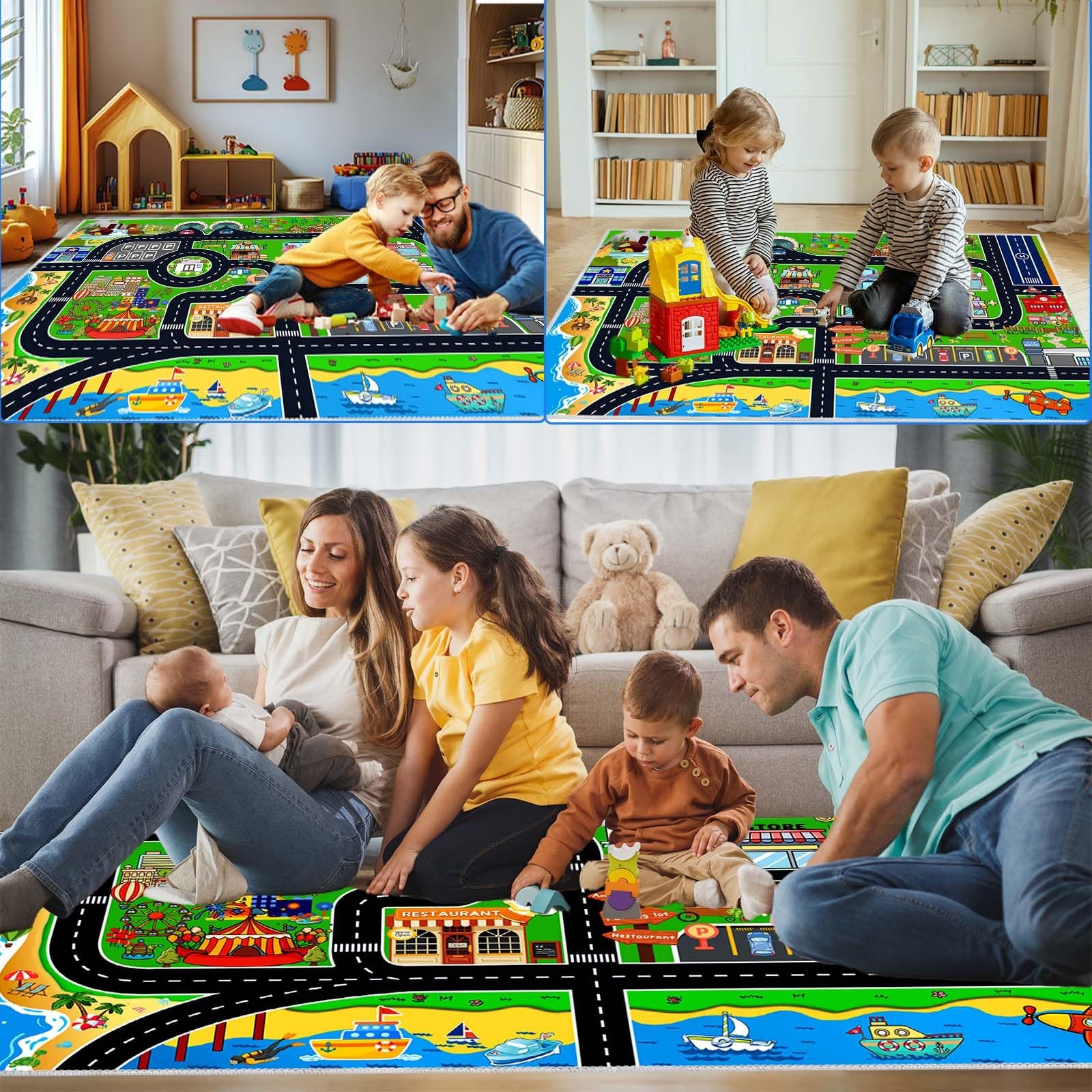Kids Car Rug Play Mat Carpet for Cars Toys, 47”x71” Educational Road Traffi…