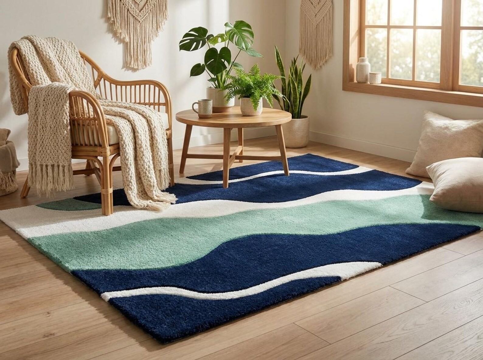 Modern Abstract Wave Rug Blue Mint Green Hand Tufted Wool Living Room Area Carpe