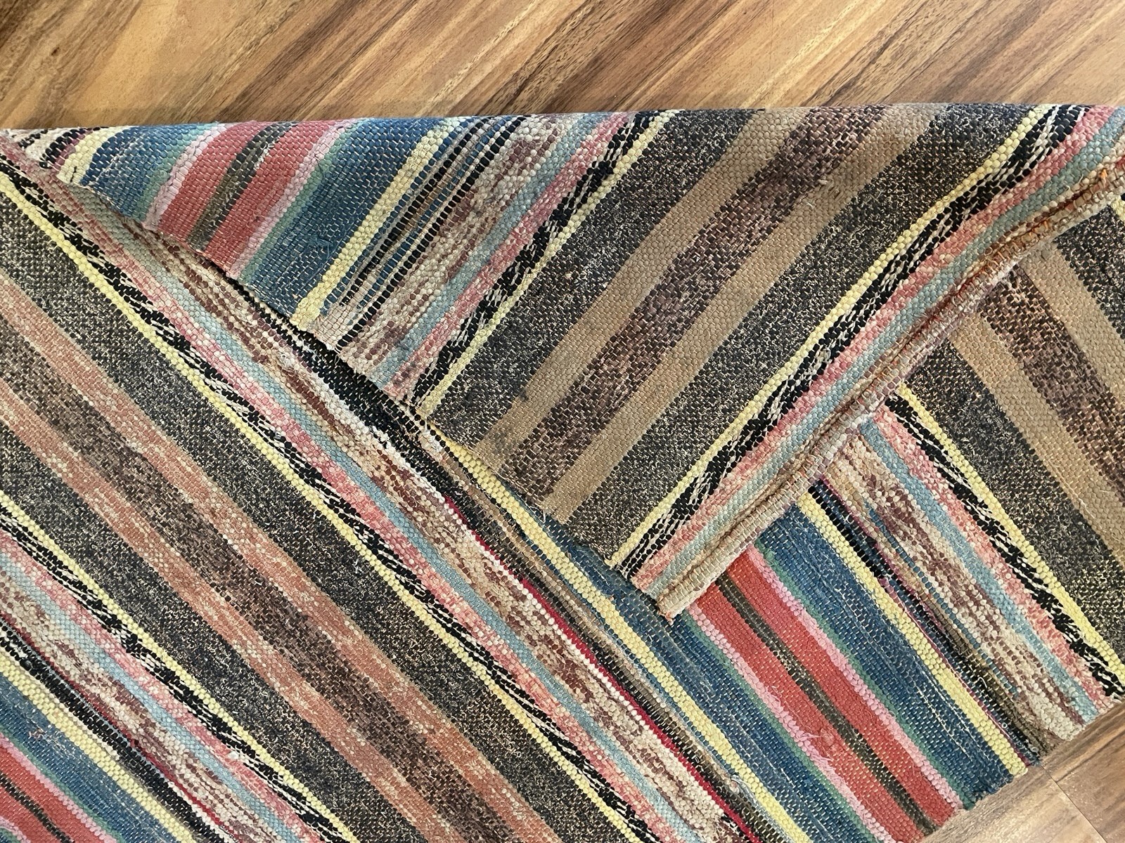 VTG Handmade Woven MCM Rag Rug 89×31 Farmhouse Country Blue Red Black Brown