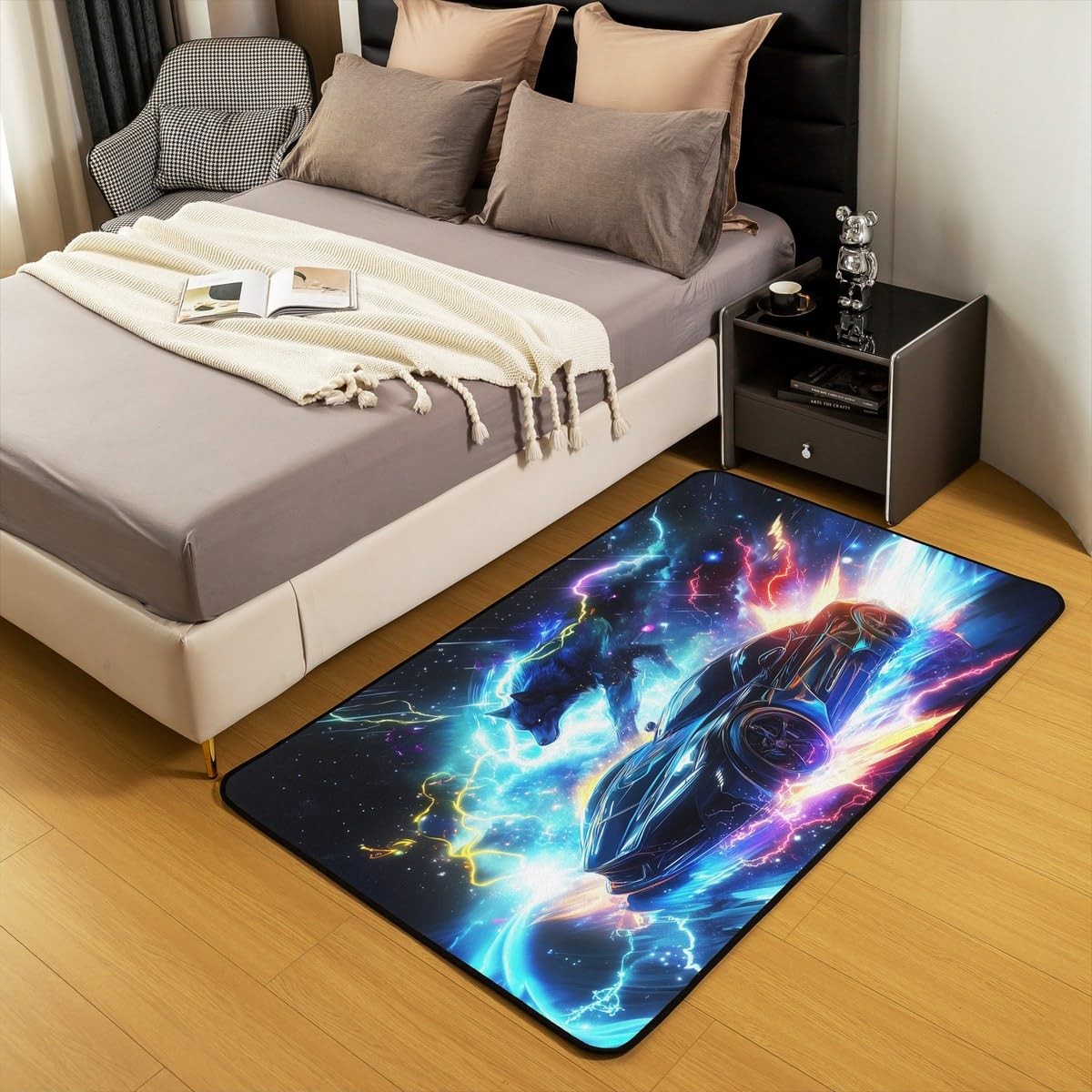 Modern Race Car Carpet Lightning Wolf Animal Area Rug 4’11” x 3’3″ for Kids B…
