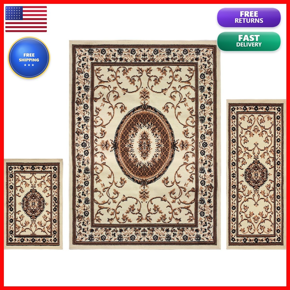 Superior Clementina 3 Piece Rug Set 2′ x 3′, 2′ x 5′, 5′ x 7′ Beige Ivory