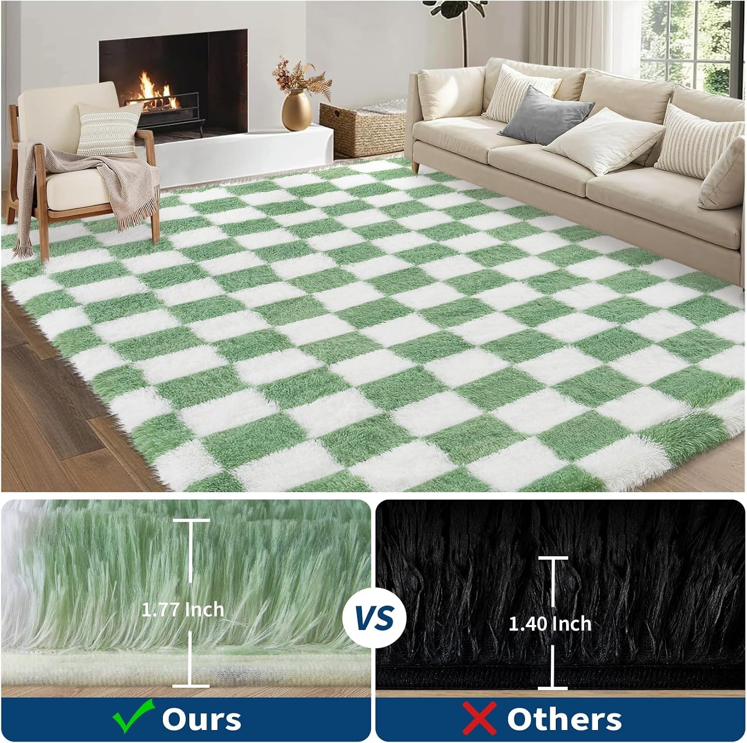 Modern Checkered Plush Shag 8×10 Washable Area Rug Non Slip Living Bedroom Home