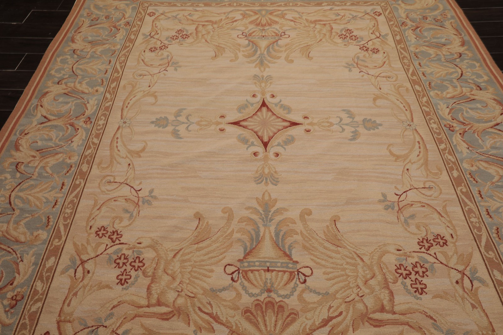 7’6”x9’6″ Beige Hand Woven French Aubusson Needlepoint Classic Design Wool Rug
