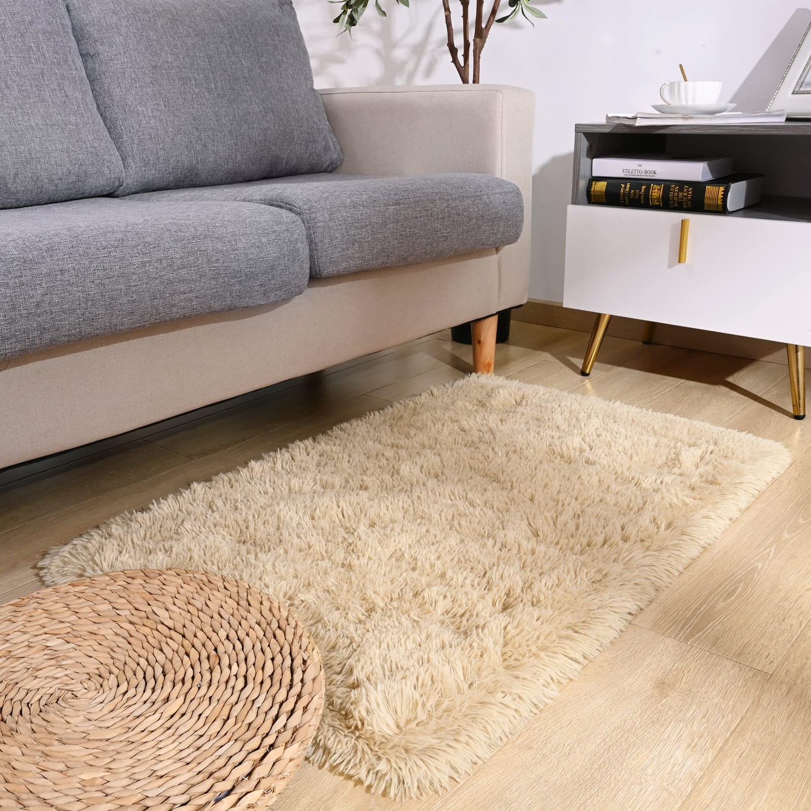 2X3 Rug Small Beige Rug Fluffy Rugs for Bedroom Kicthen 2 x 3 Feet Light Tan