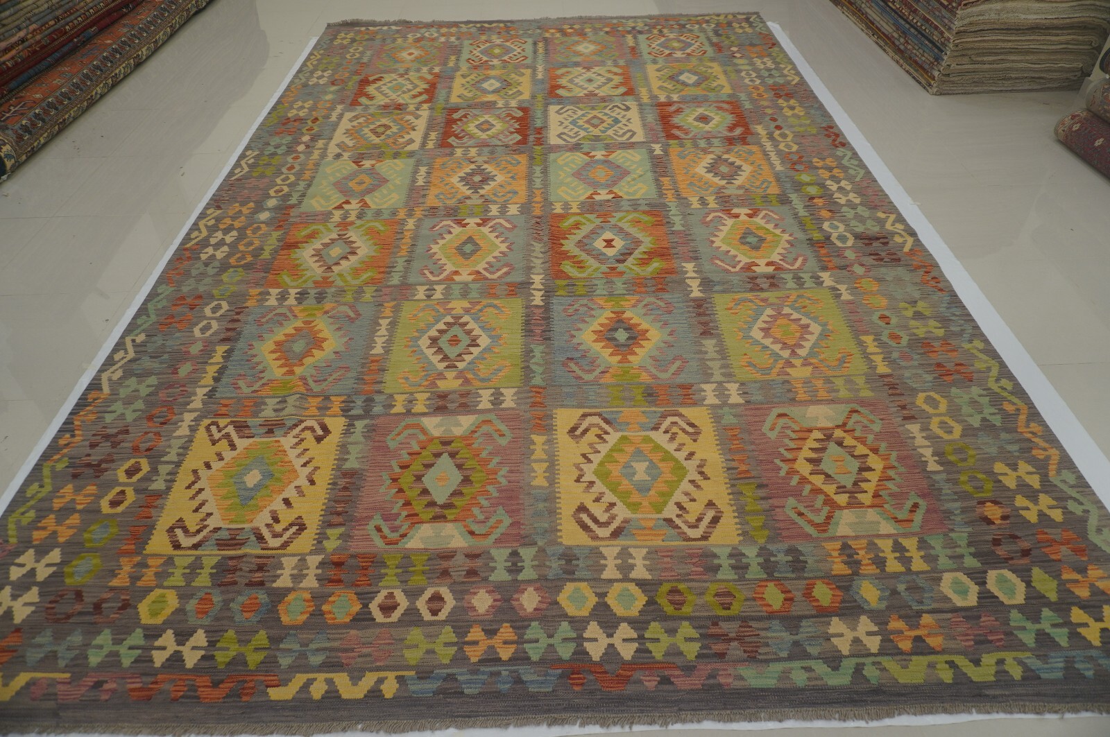 10×16 FT Soft Gray Afghan hand woven Boho wool Reversible kilim Area rug