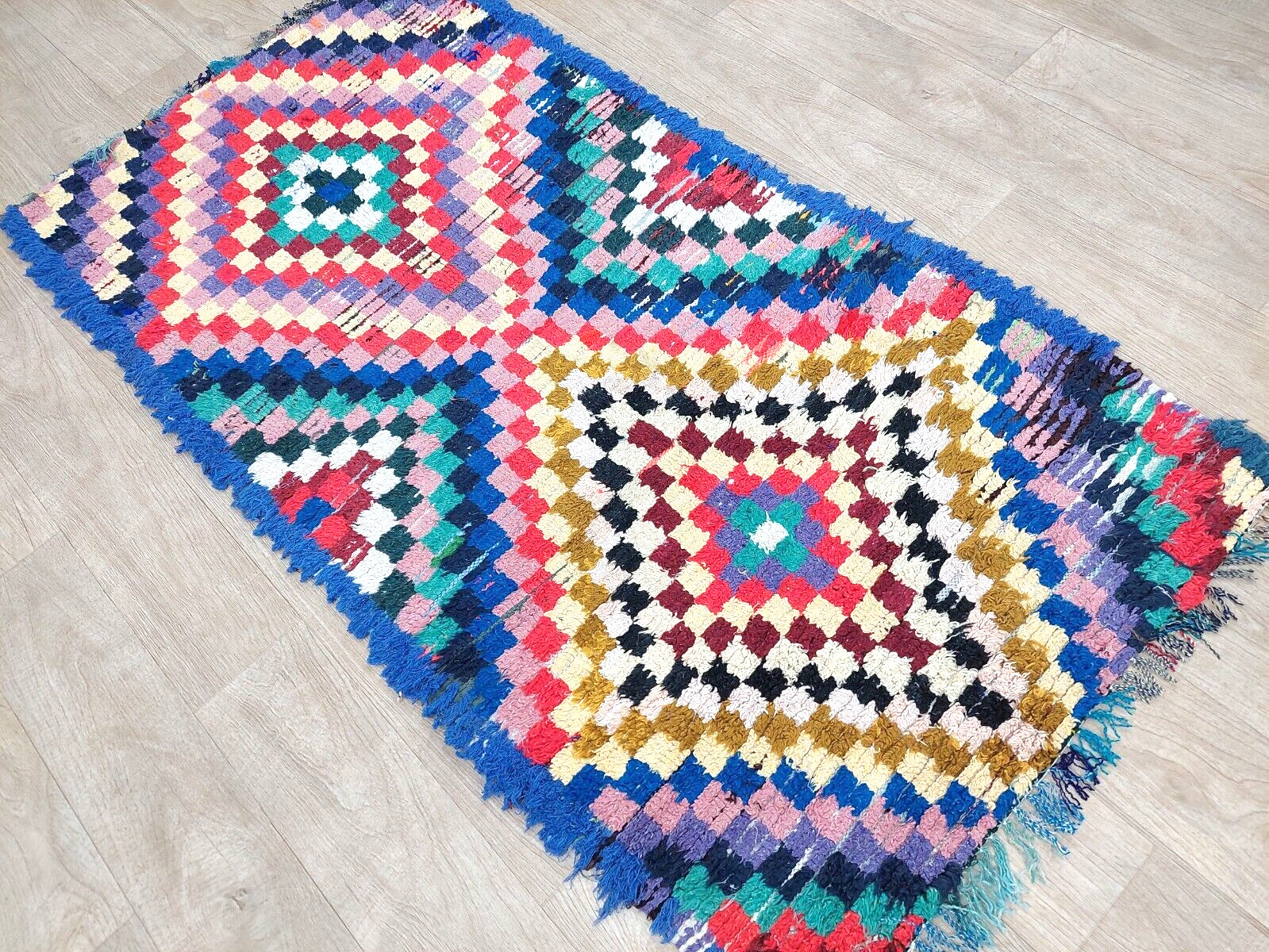 Vintage Moroccan Berber Area Rug 3×5 Colorful Blue Geometric Tribal Runner Rugs