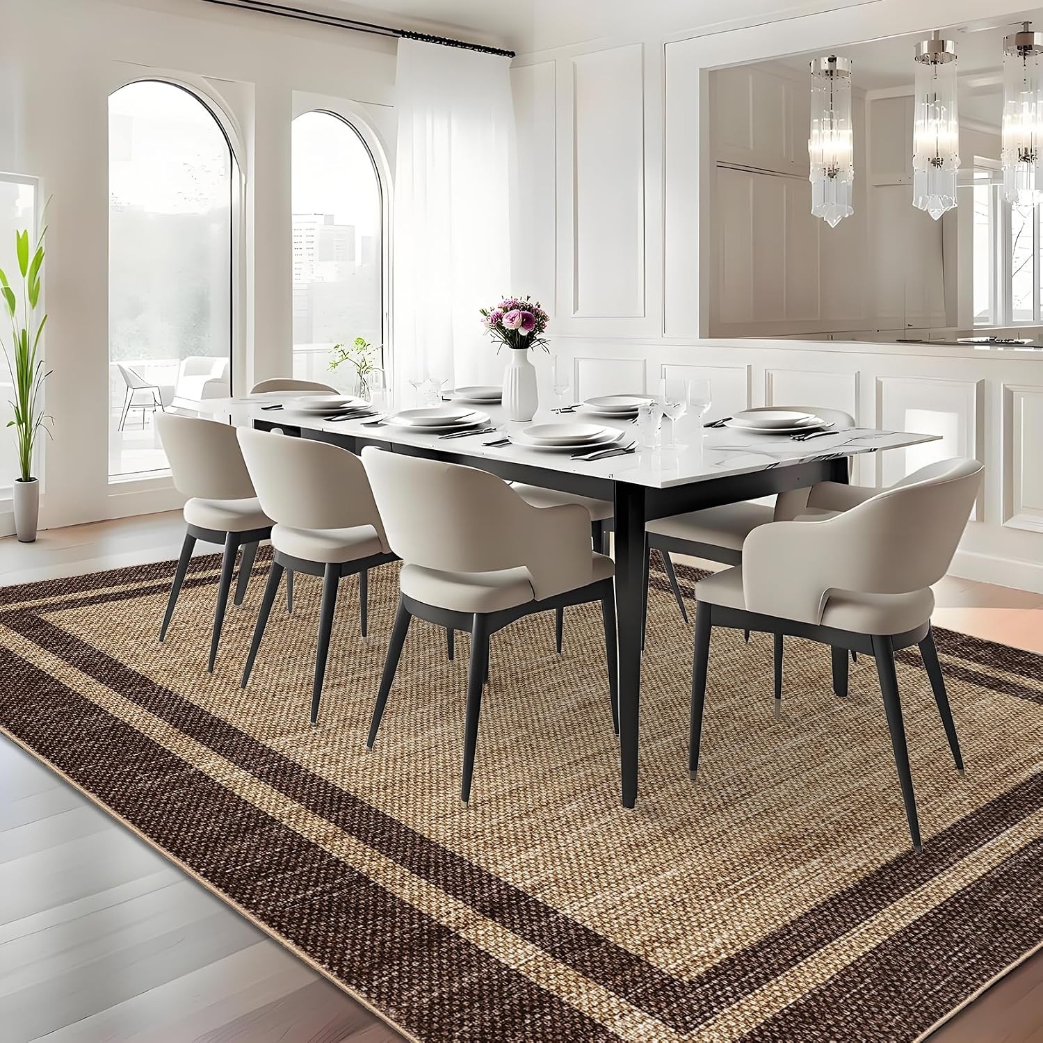 Geometric Bordered 8×10 Washable Area Rug Non Slip Living Bedroom Office Kitchen