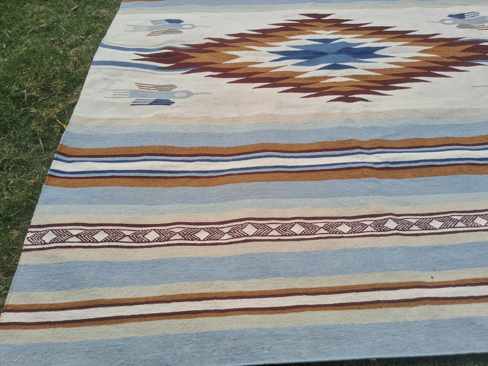 Navajo Style Wool Area Rug Blue Brown Diamond Eye of God Tribal Flatweave 10×14