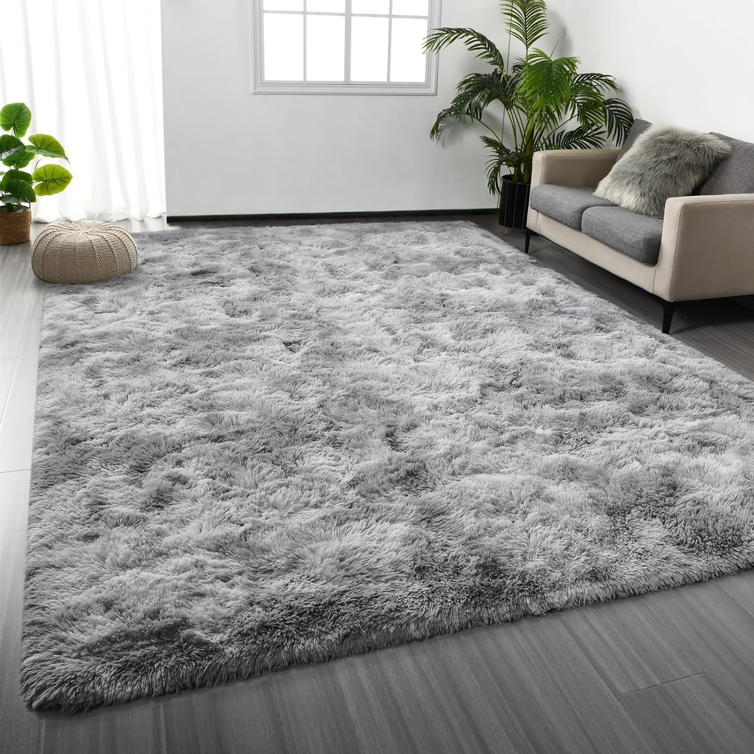 Deerhoo Large Shag Area Rugs 6 X 9, Light Grey | Tie-Dyed, Ultra Soft Plush Fuzz