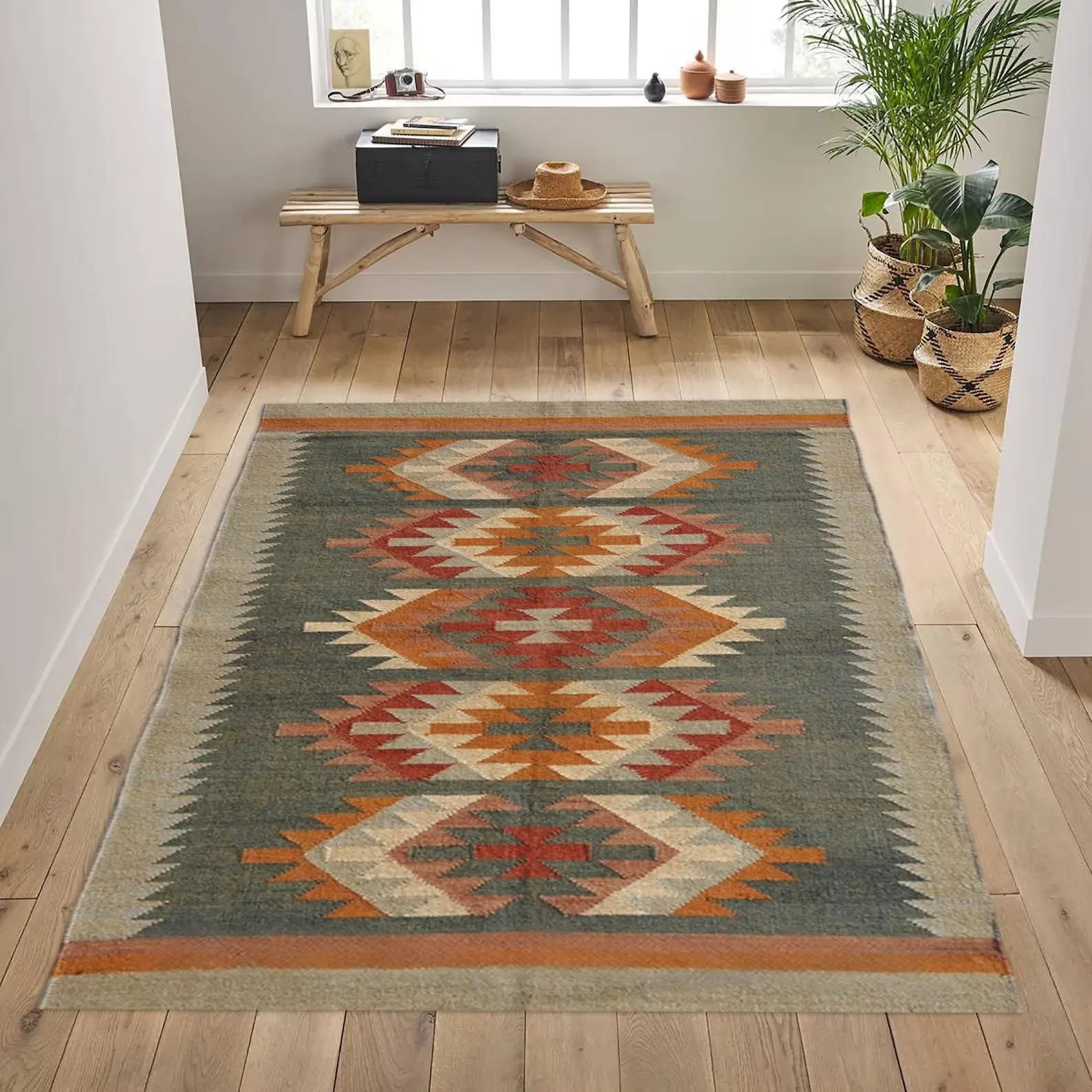 Handmade Handwoven Wool Jute Kilim Rug Color Multicolor Design Carpet Rug